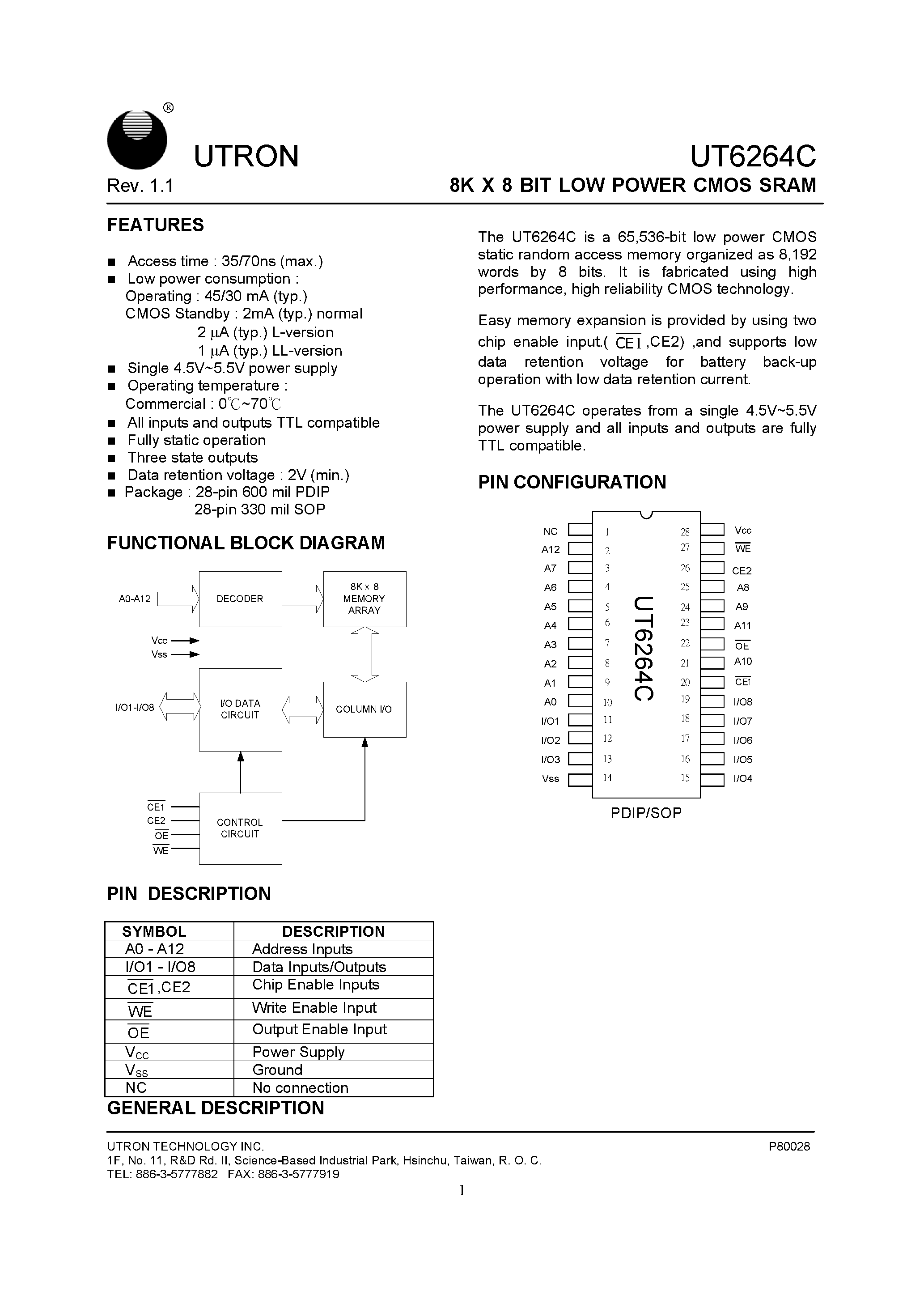 Даташит UT6264C - 8K X 8 BIT LOW POWER CMOS SRAM страница 1