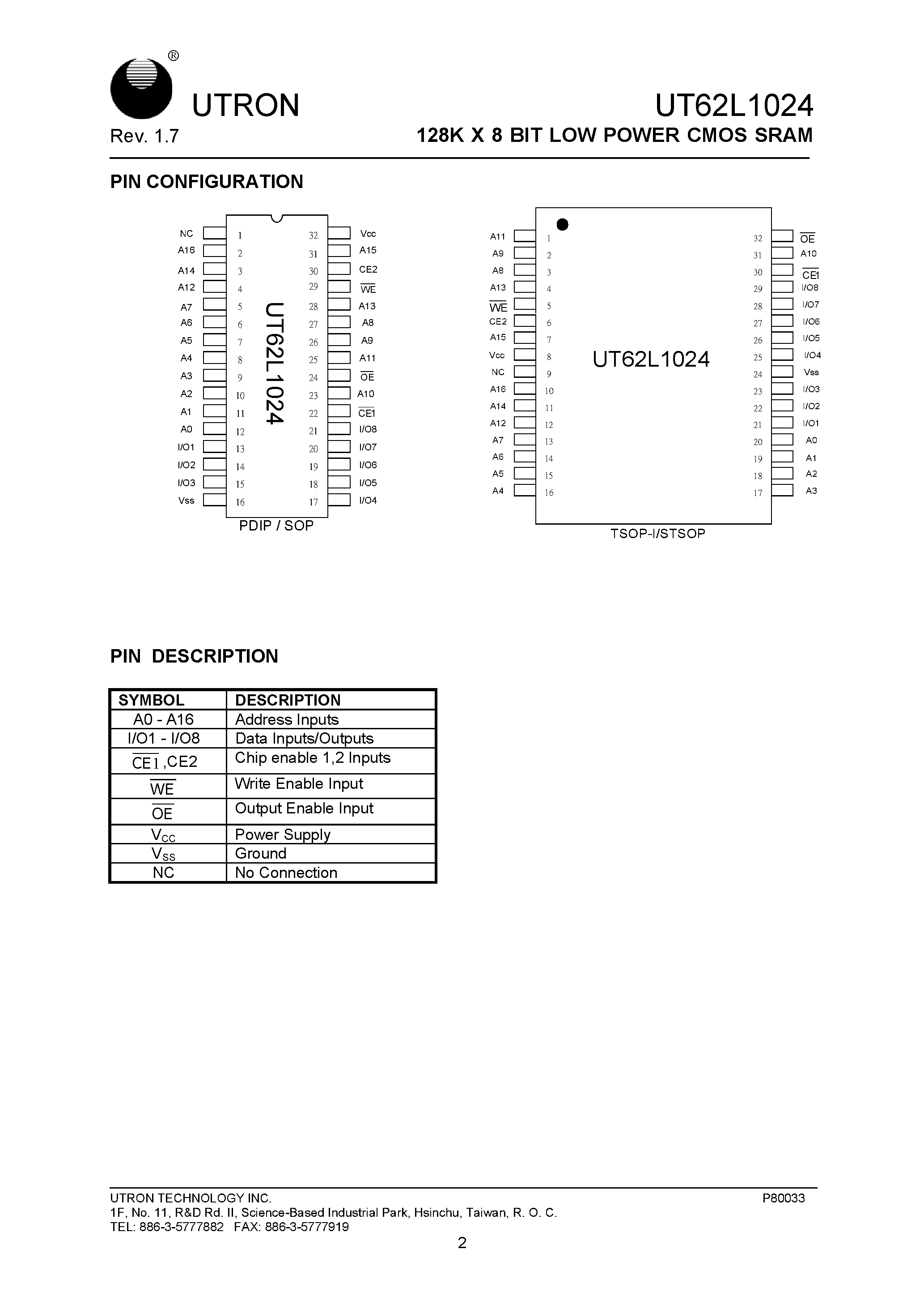 Даташит UT62L1024 - 128K X 8 BIT LOW POWER CMOS SRAM страница 2