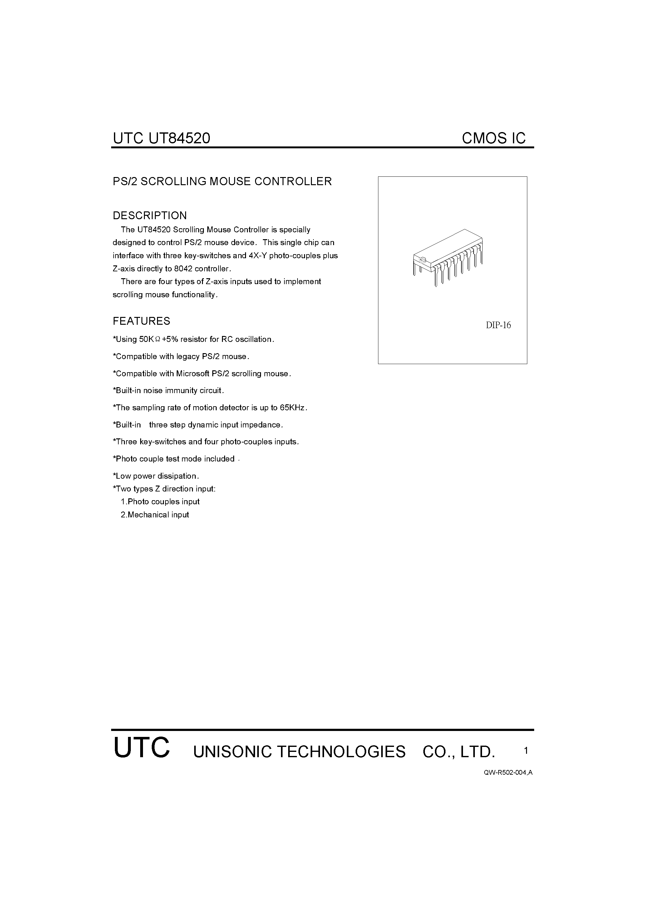 Даташит UT84520 - PS/2 SCROLLING MOUSE CONTROLLER страница 1