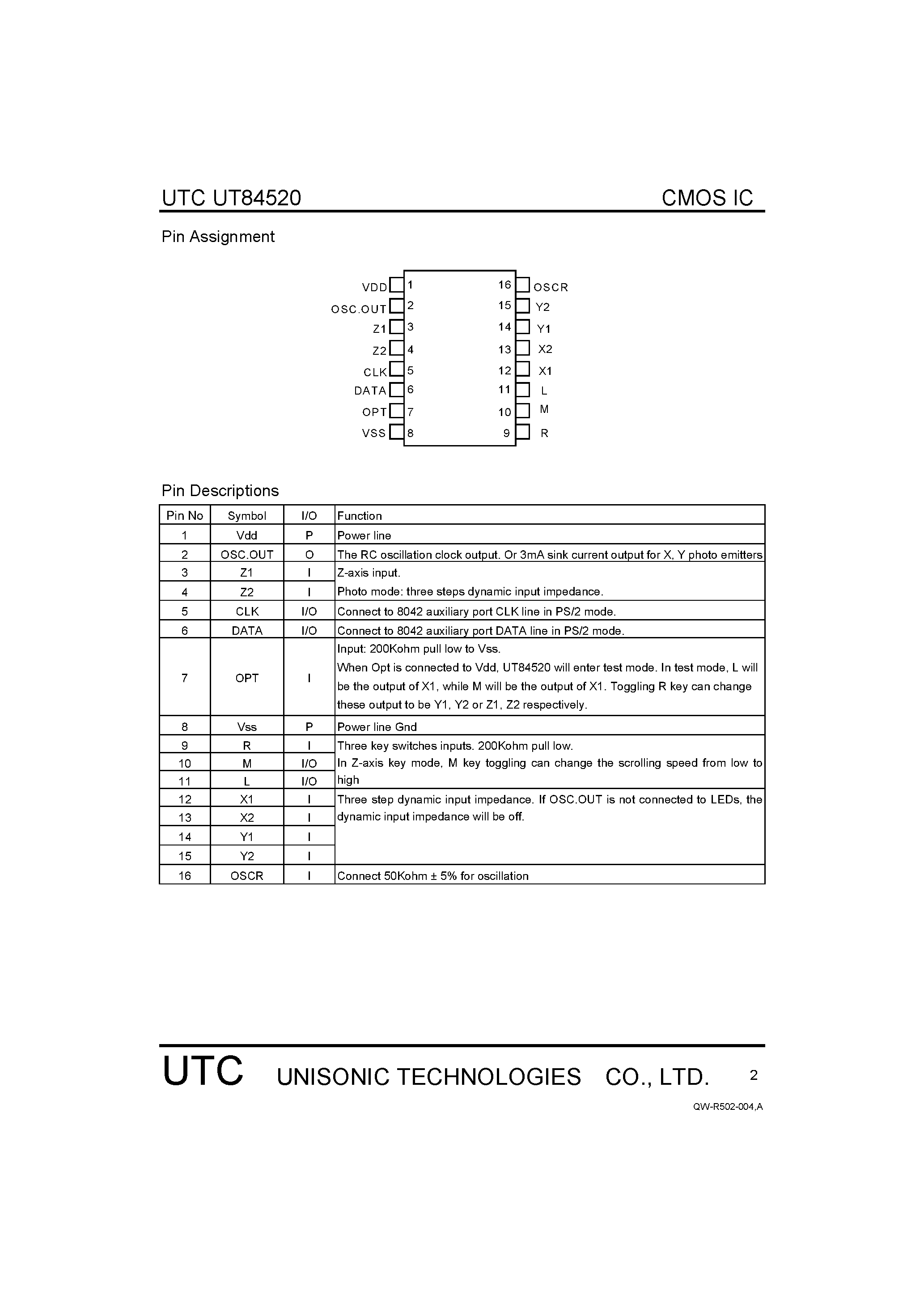 Даташит UT84520 - PS/2 SCROLLING MOUSE CONTROLLER страница 2