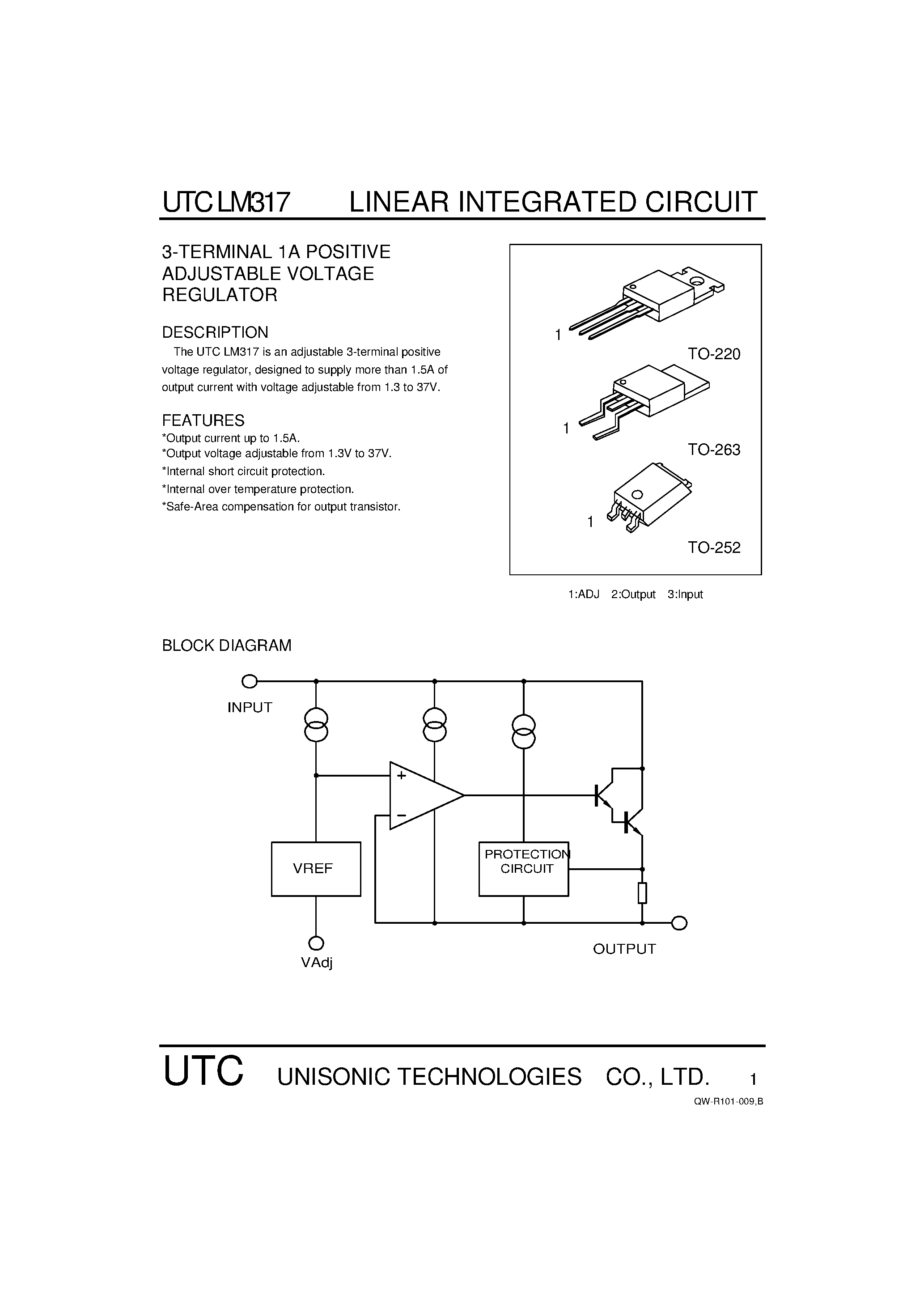 Datasheet UTCLM317 - 3-TERMINAL 1A POSITIVE ADJUSTABLE VOLTAGE REGULATOR page 1