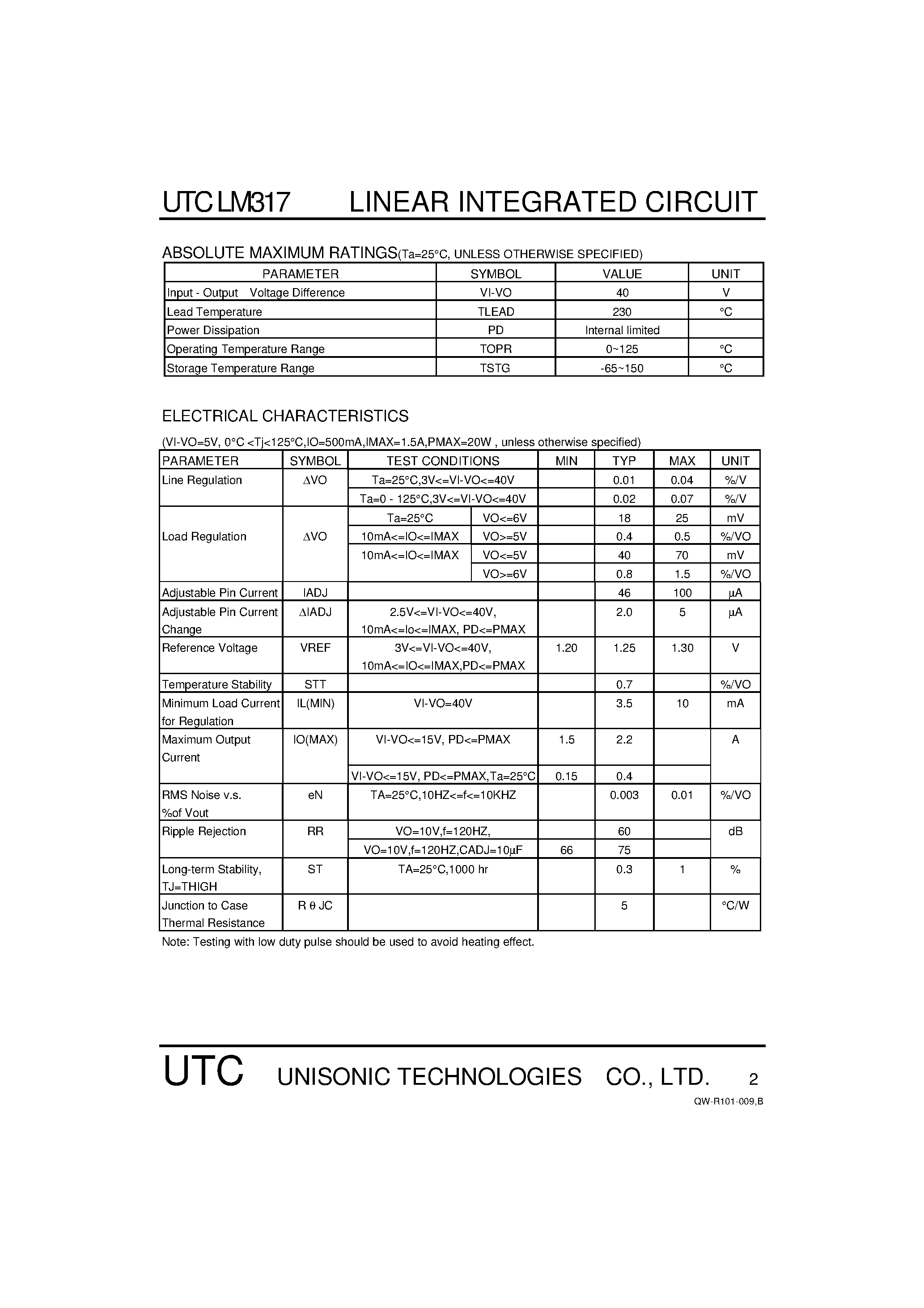 Datasheet UTCLM317 - 3-TERMINAL 1A POSITIVE ADJUSTABLE VOLTAGE REGULATOR page 2