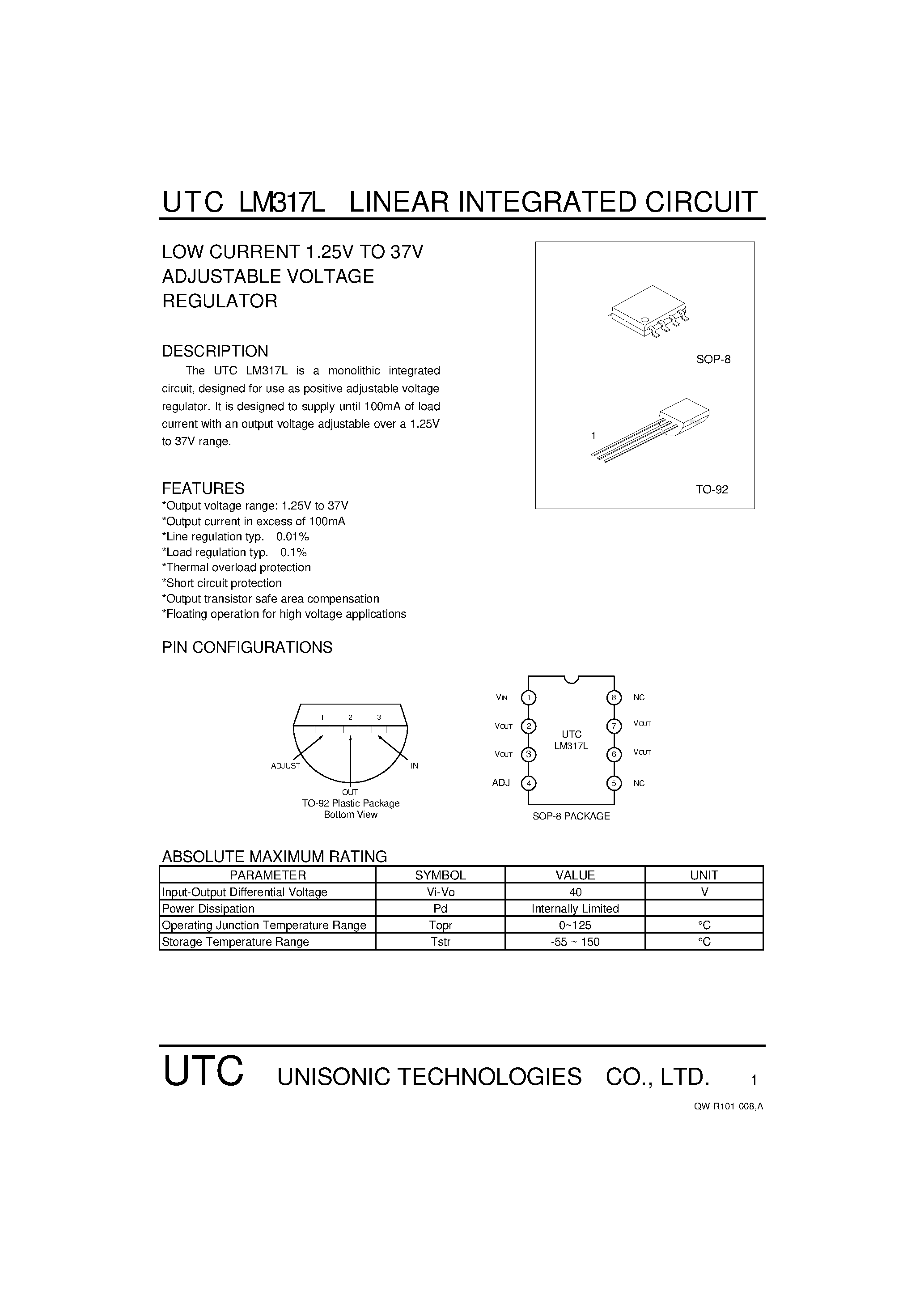 Даташит UTCLM317L - LOW CURRENT 1.25V TO 37V ADJUSTABLE VOLTAGE REGULATOR страница 1