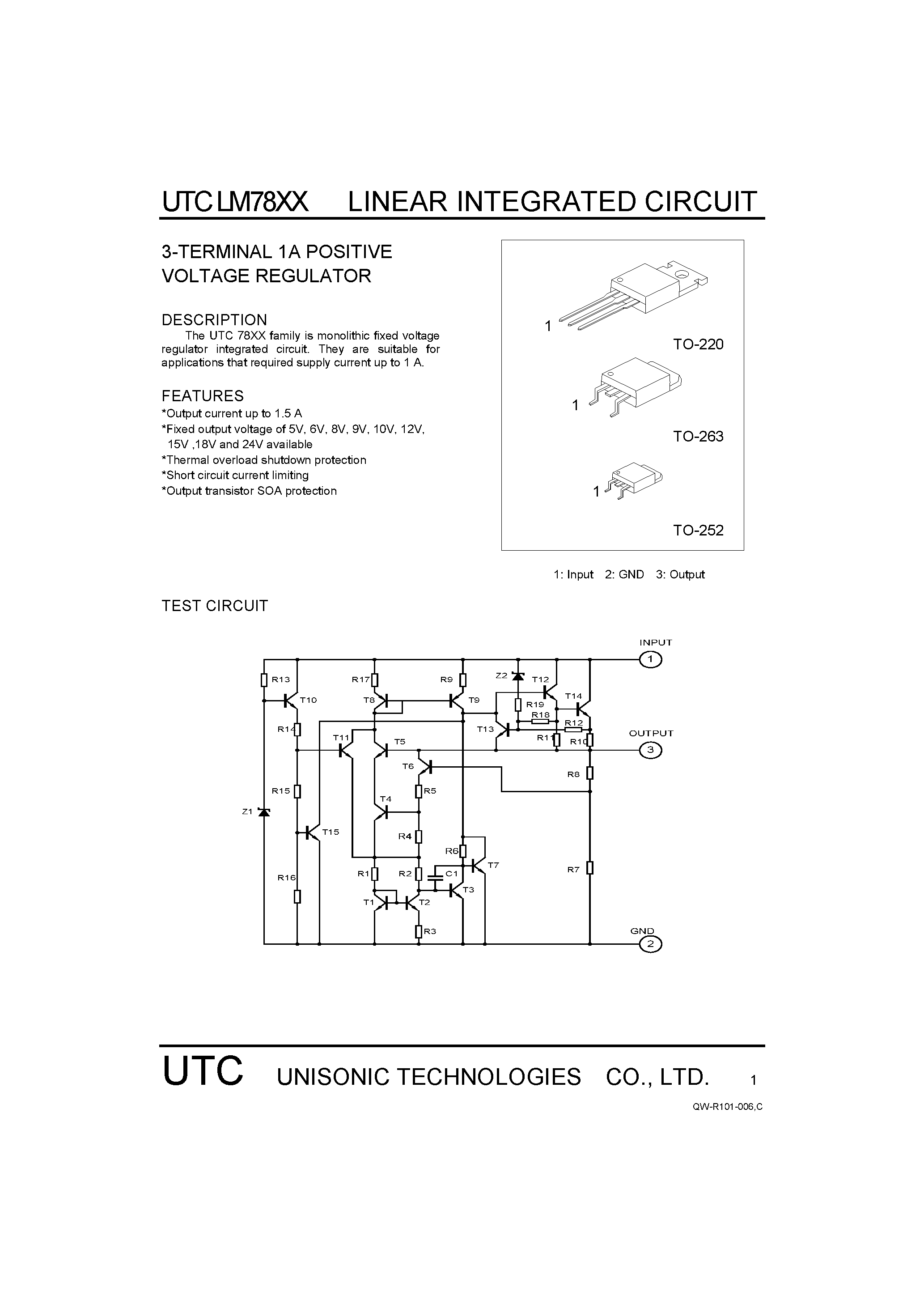 Datasheet UTCLM7805 - 3-TERMINAL 1A POSITIVE VOLTAGE REGULATOR page 1