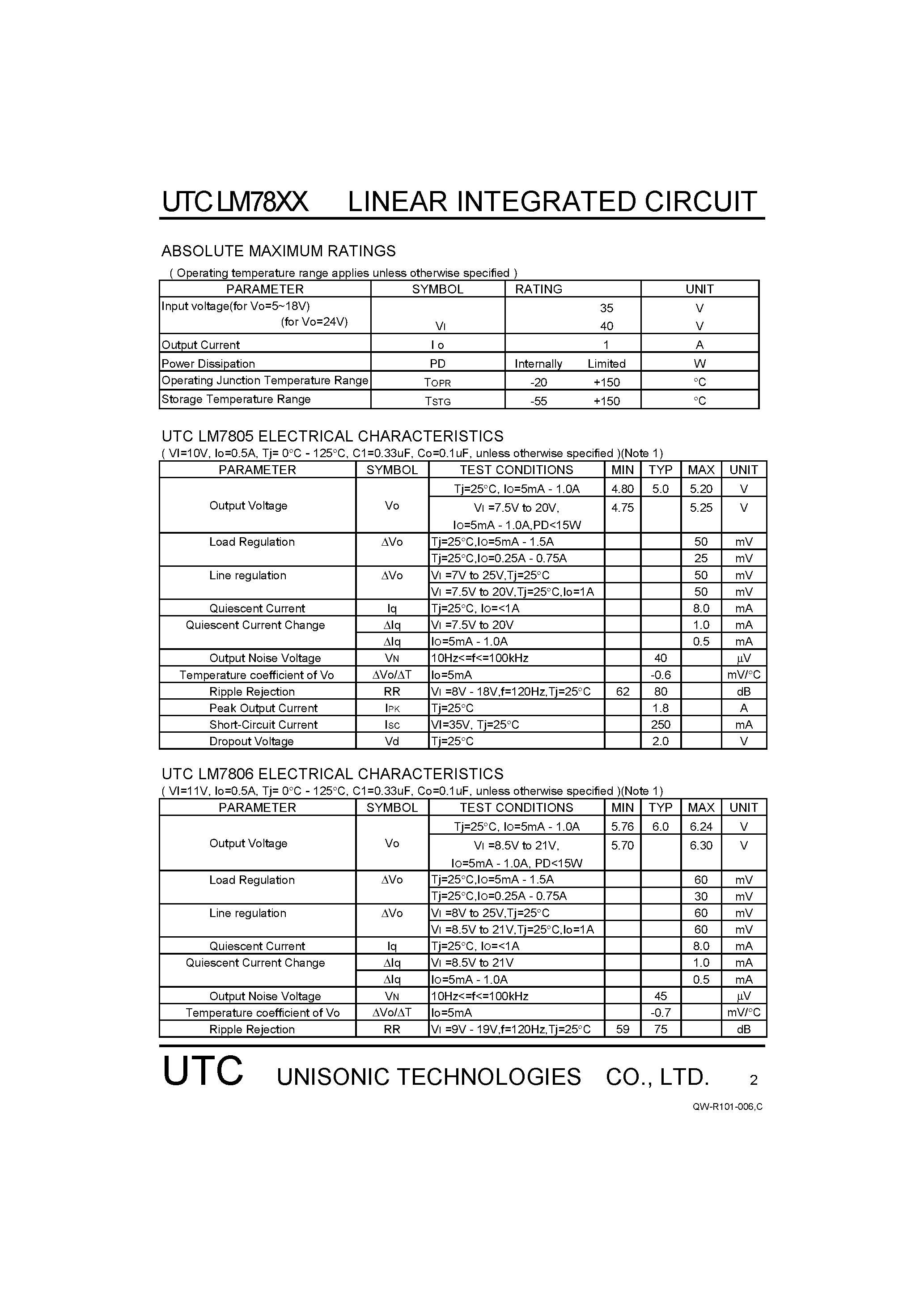 Даташит UTCLM7818 - 3-TERMINAL 1A POSITIVE VOLTAGE REGULATOR страница 2