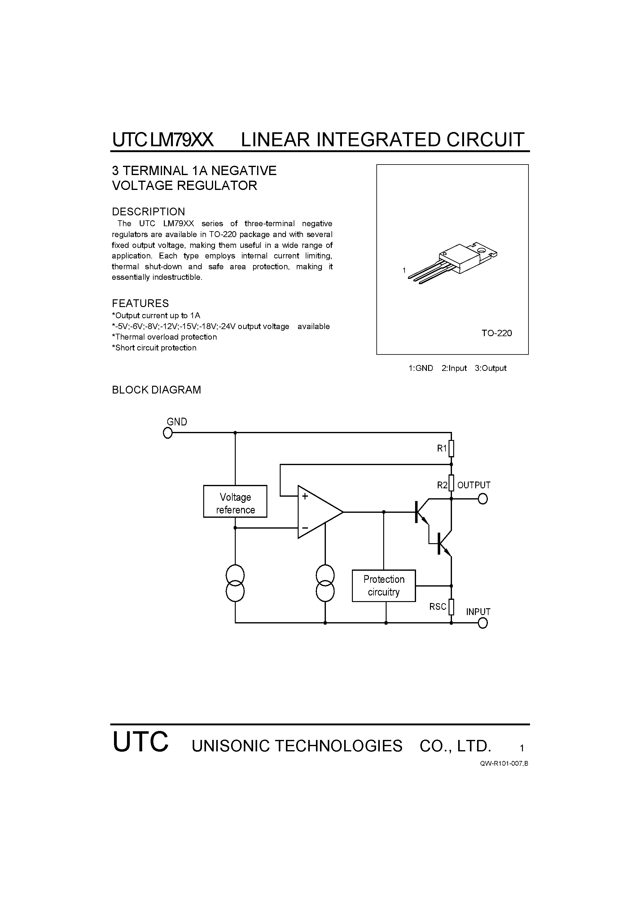 Datasheet UTCLM7905 - 3 TERMINAL 1A NEGATIVE VOLTAGE REGULATOR page 1