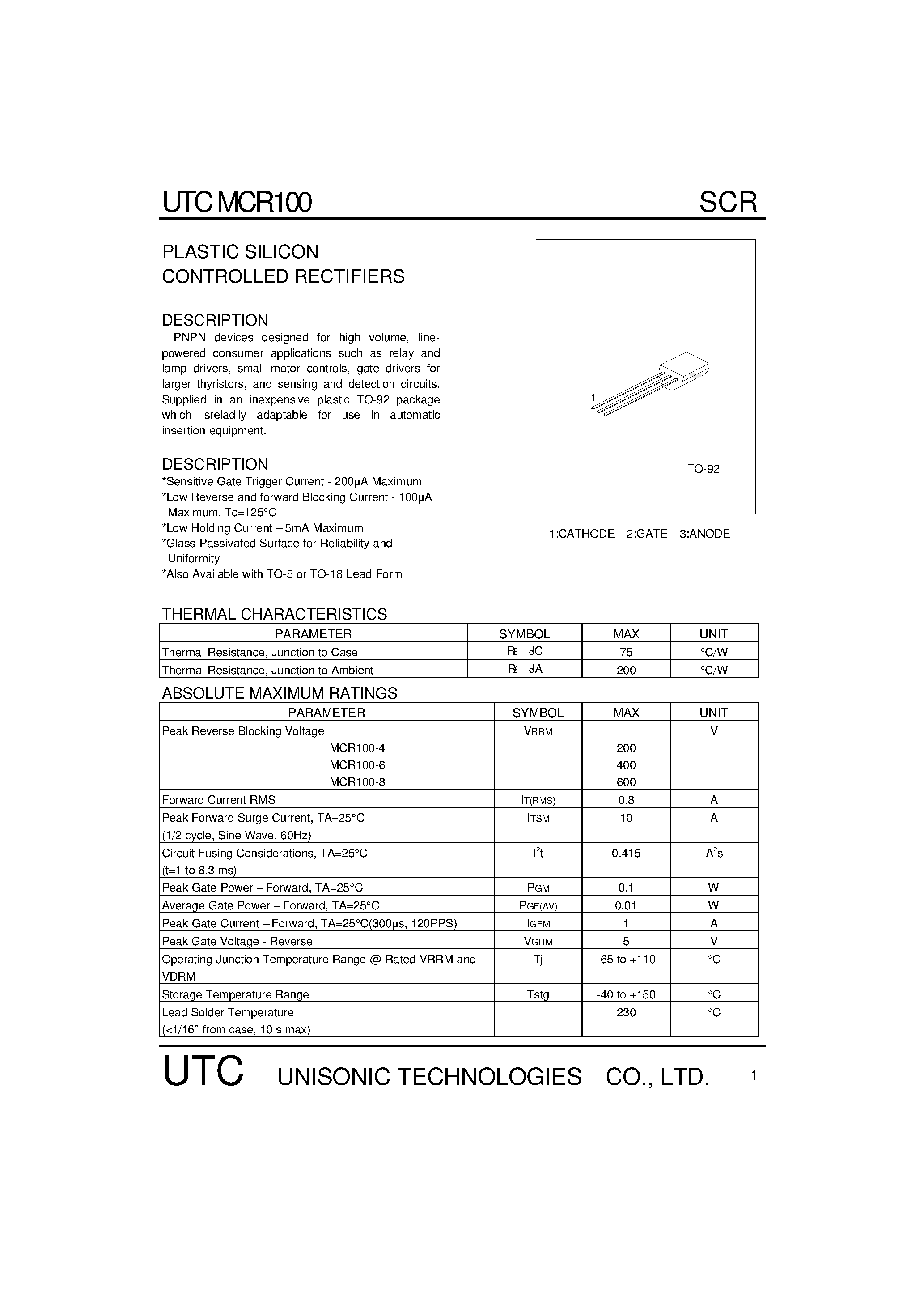 Datasheet UTCMCR100 - PLASTIC SILICON CONTROLLED RECTIFIERS(PNPN devices designed for high volume) page 1