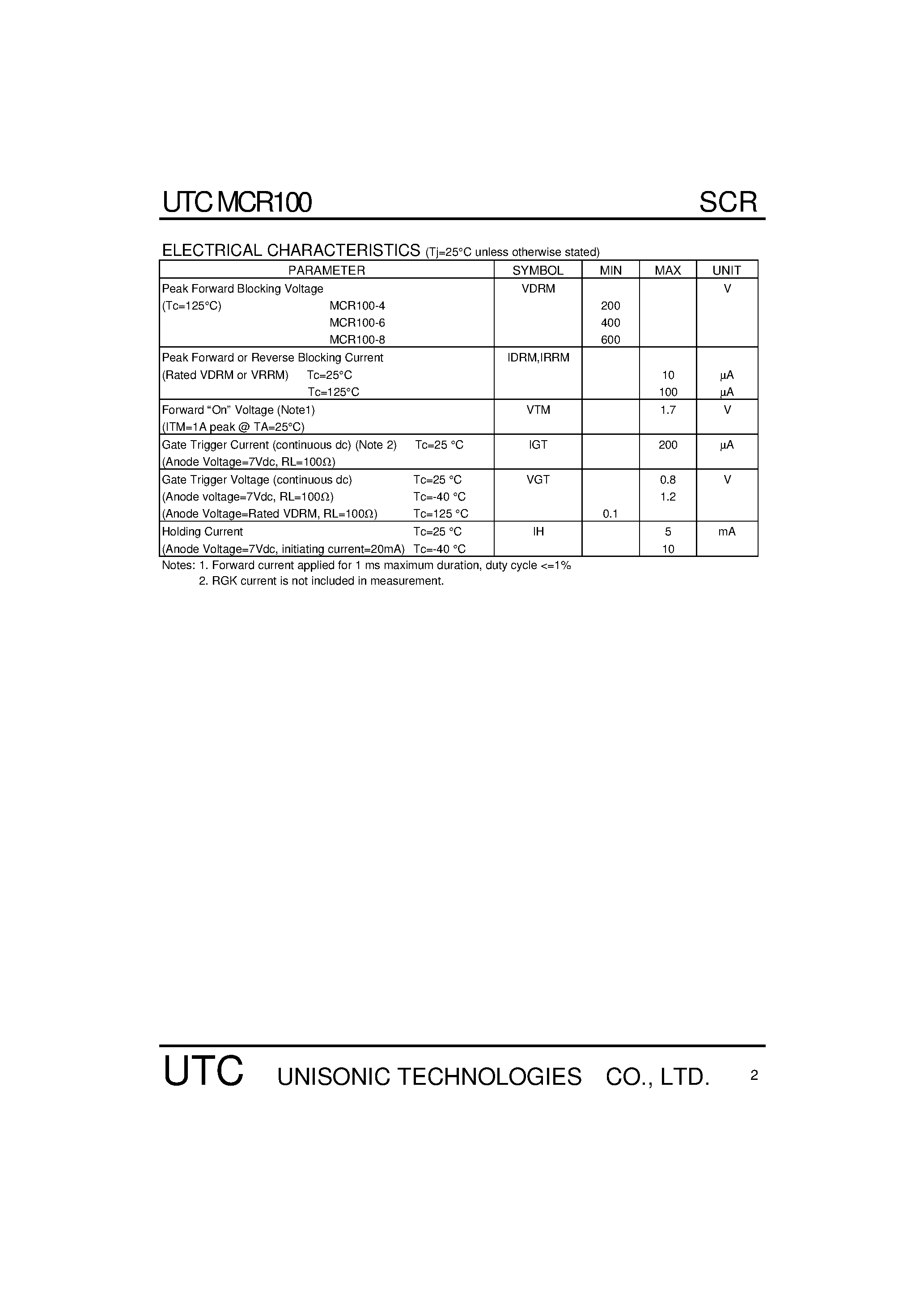 Datasheet UTCMCR100 - PLASTIC SILICON CONTROLLED RECTIFIERS(PNPN devices designed for high volume) page 2