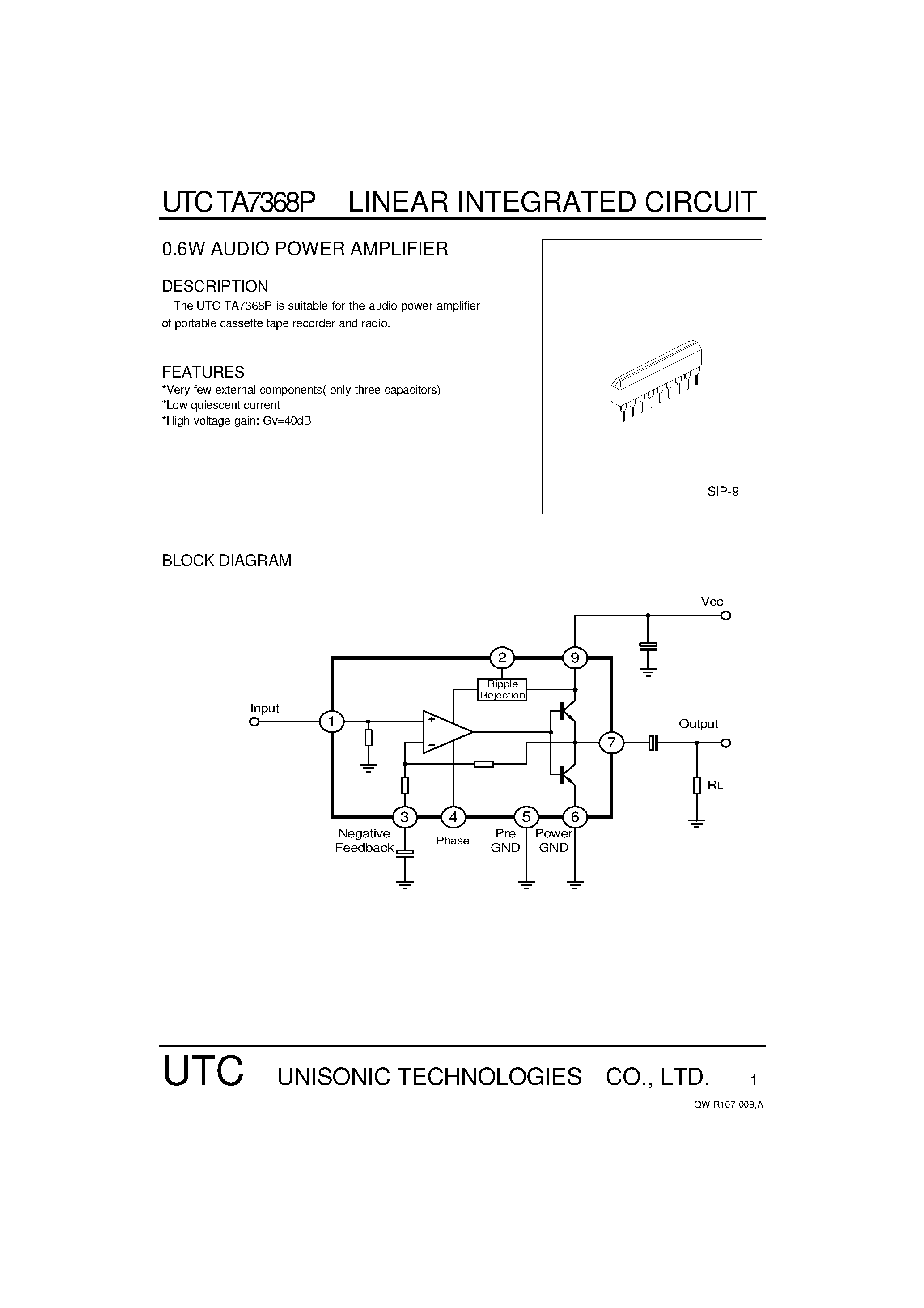 Datasheet UTCTA7368P - 0.6W AUDIO POWER AMPLIFIER page 1