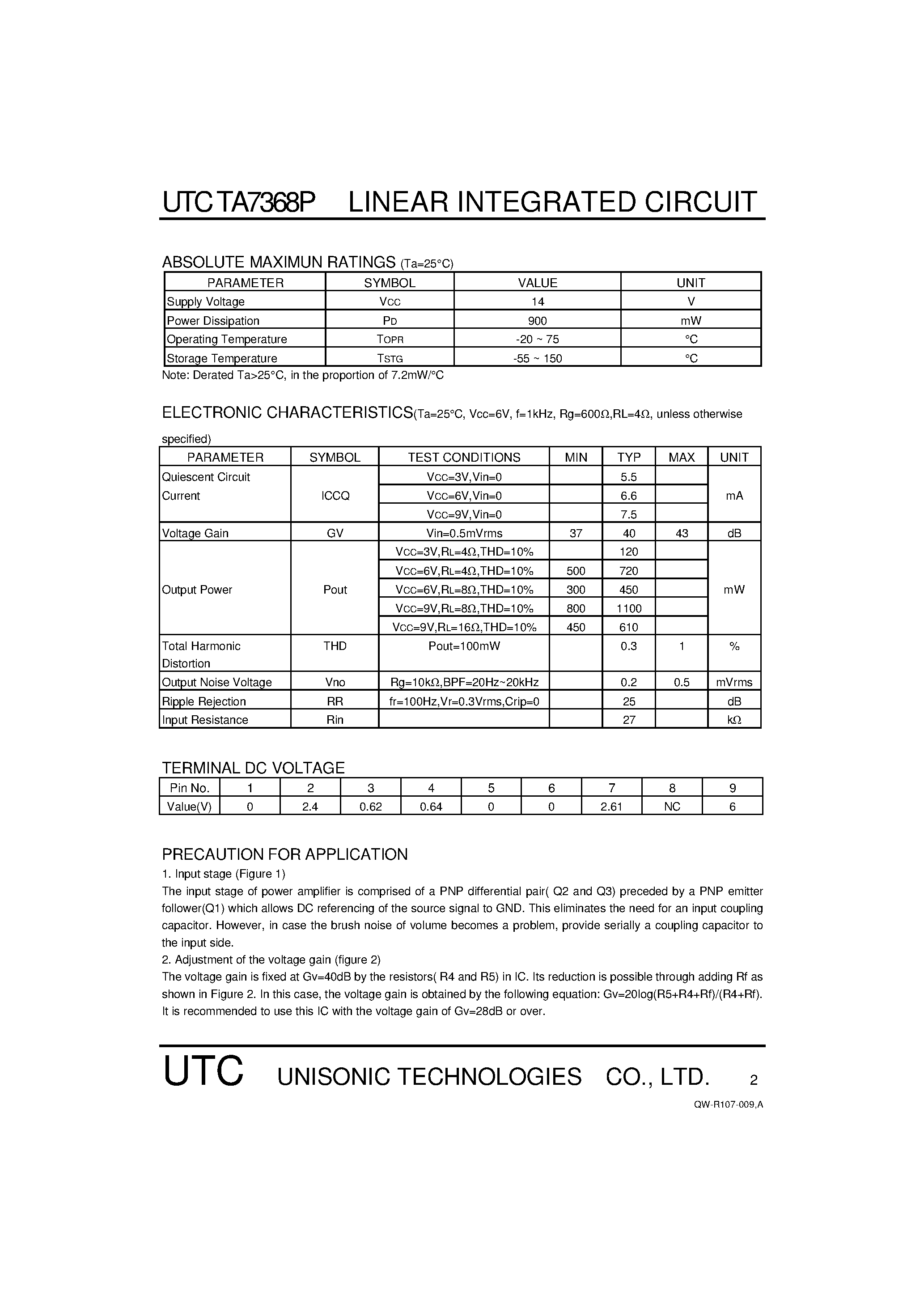 Datasheet UTCTA7368P - 0.6W AUDIO POWER AMPLIFIER page 2