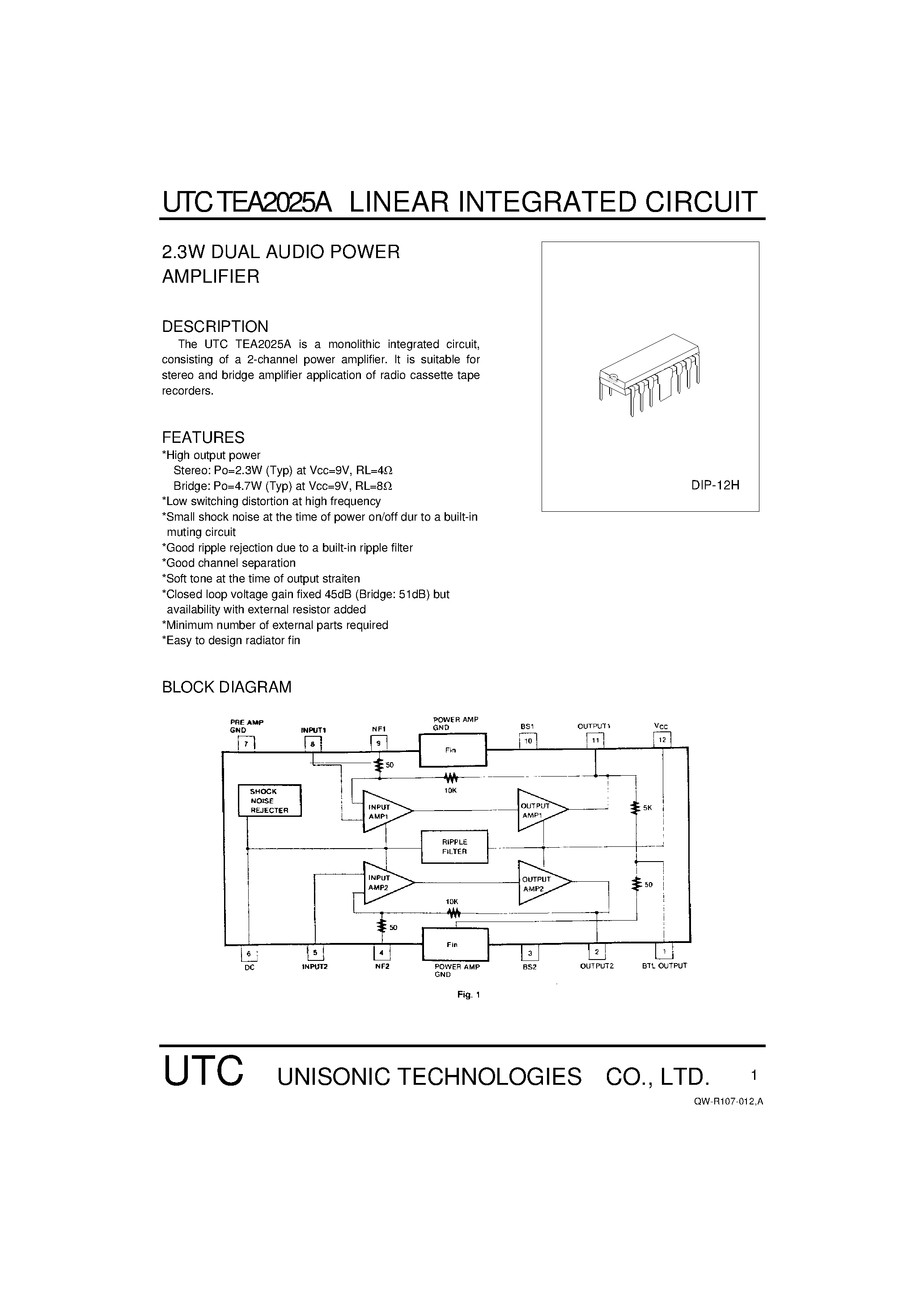 Даташит UTCTEA2025A - 2.3W DUAL AUDIO POWER AMPLIFIER страница 1