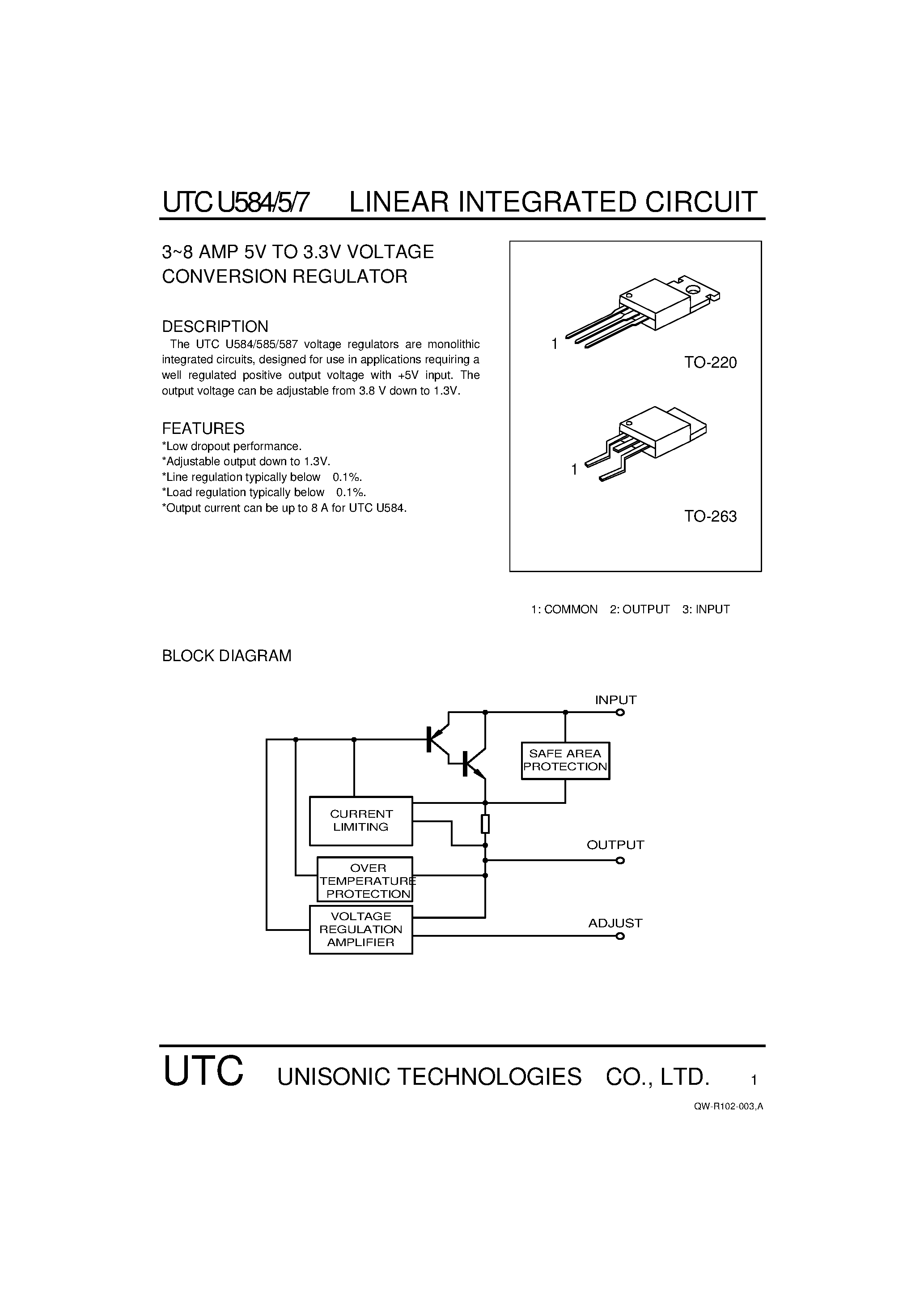 Даташит UTCU584 - 3~8 AMP 5V TO 3.3V VOLTAGE CONVERSION REGULATOR страница 1