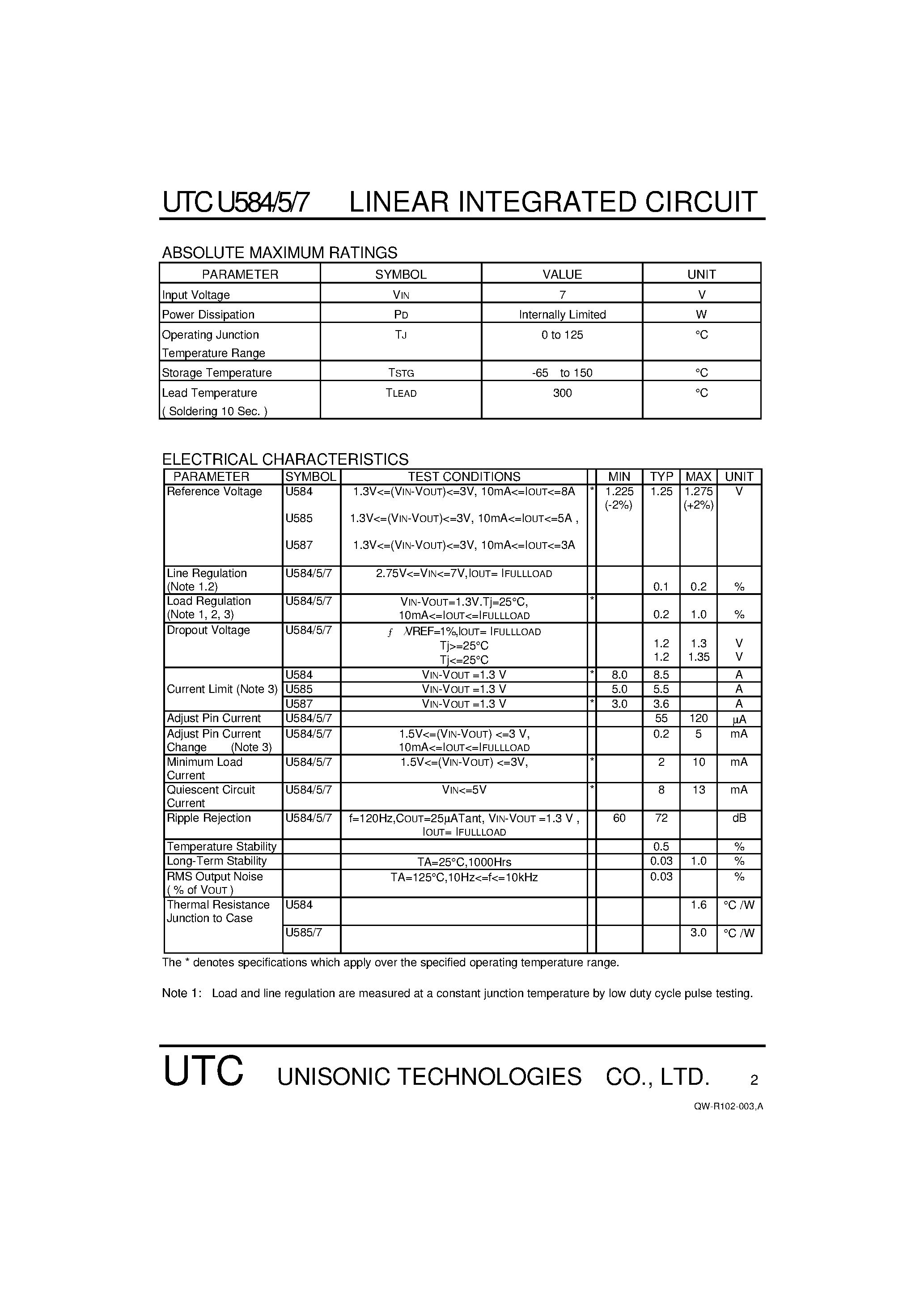 Даташит UTCU584 - 3~8 AMP 5V TO 3.3V VOLTAGE CONVERSION REGULATOR страница 2