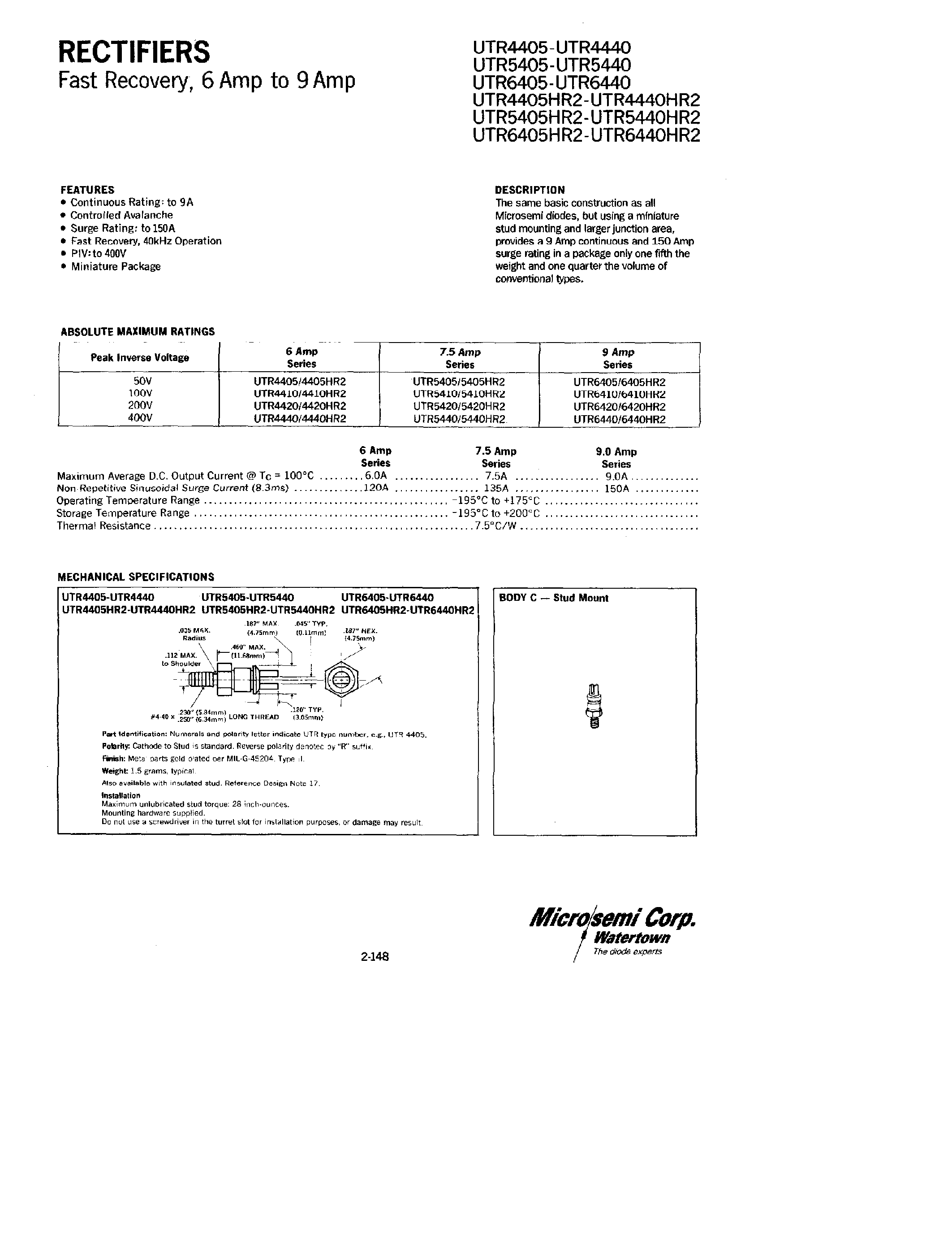 Datasheet UTR4405 - RECTIFIERS page 1