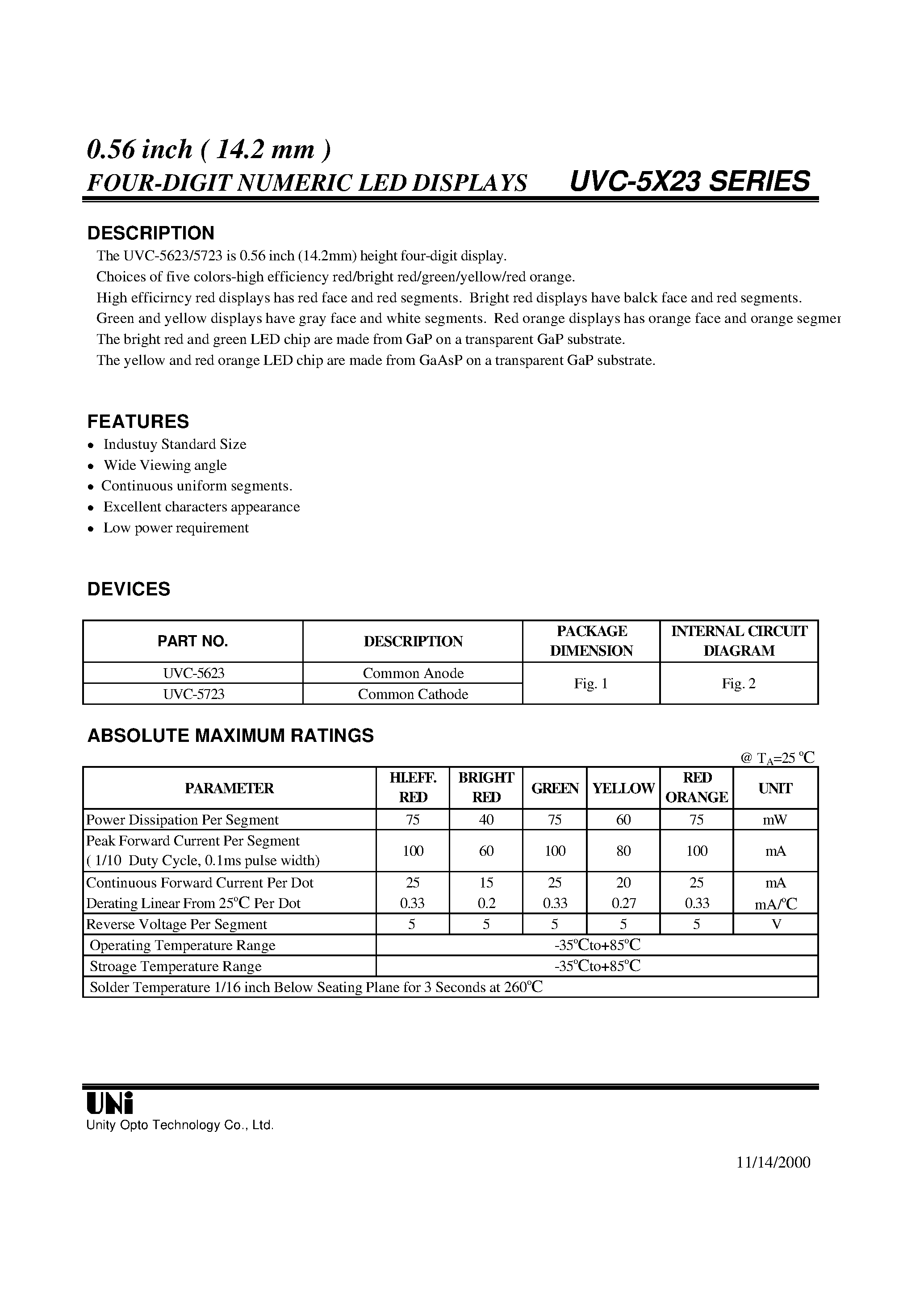 Даташит UVC-5723 - 0.56 inch ( 14.2 mm ) FOUR-DIGIT NUMERIC LED DISPLAYS страница 1