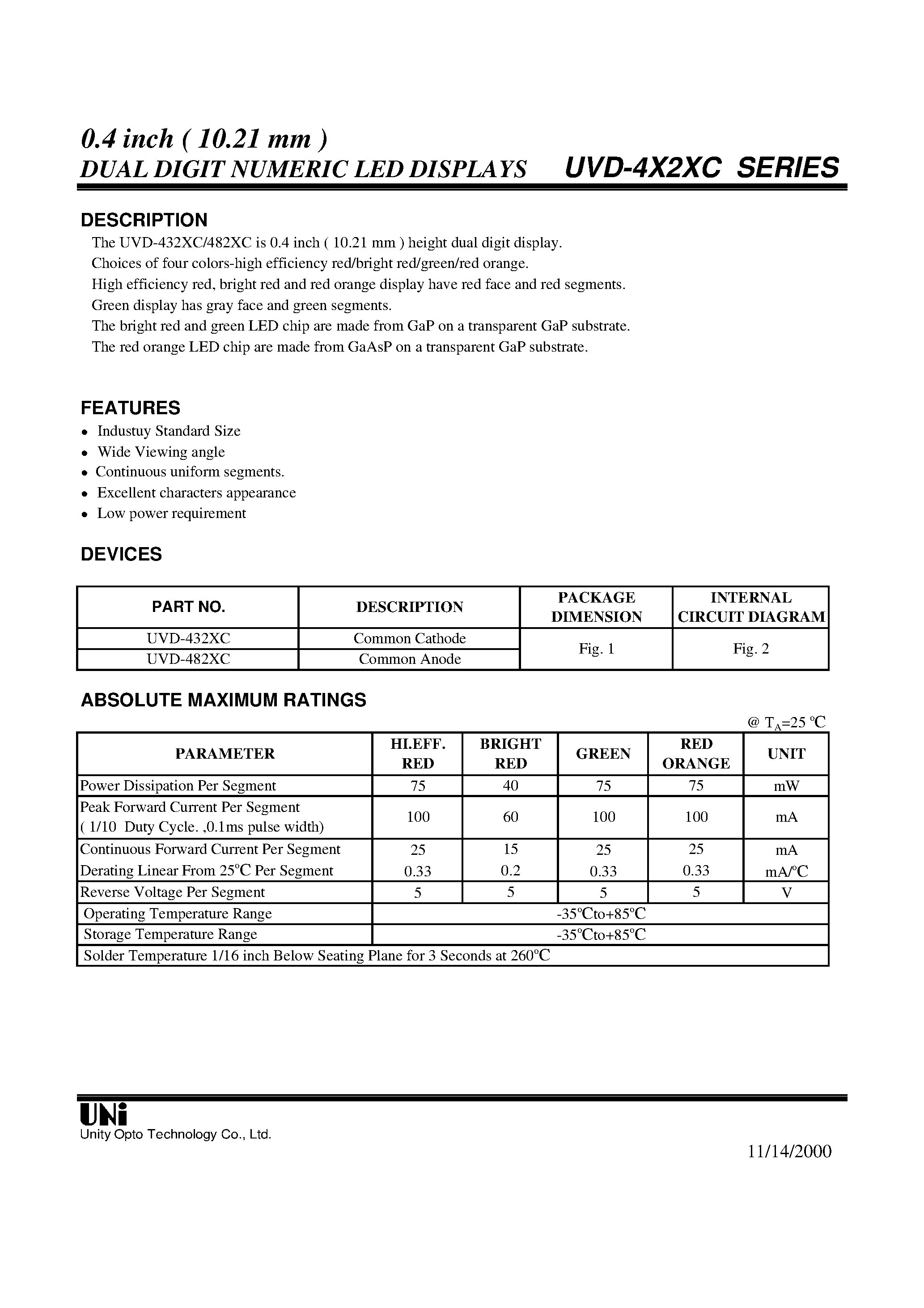 Datasheet UVD-432XC - 0.4 inch ( 10.21 mm ) DUAL DIGIT NUMERIC LED DISPLAYS page 1