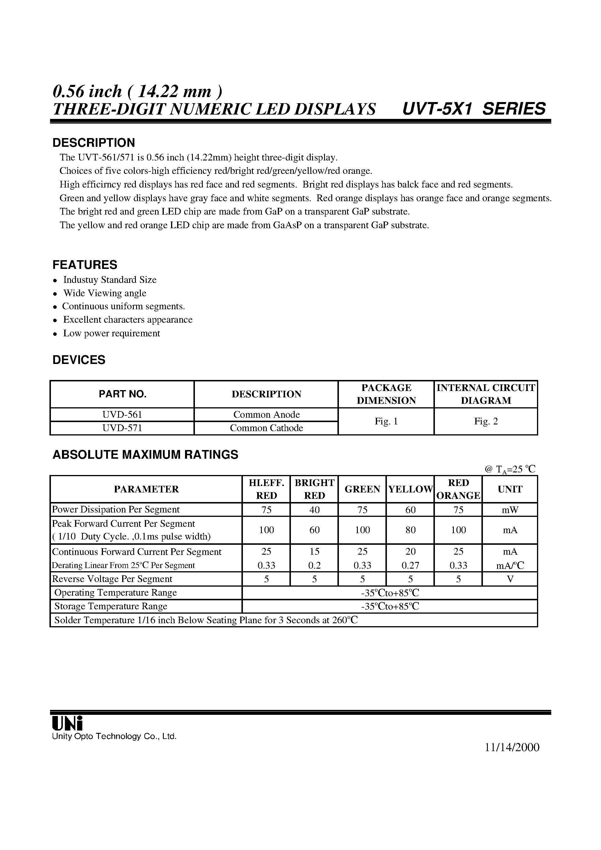 Datasheet UVD-561 - 0.56 inch ( 14.22 mm ) THREE-DIGIT NUMERIC LED DISPLAYS page 1