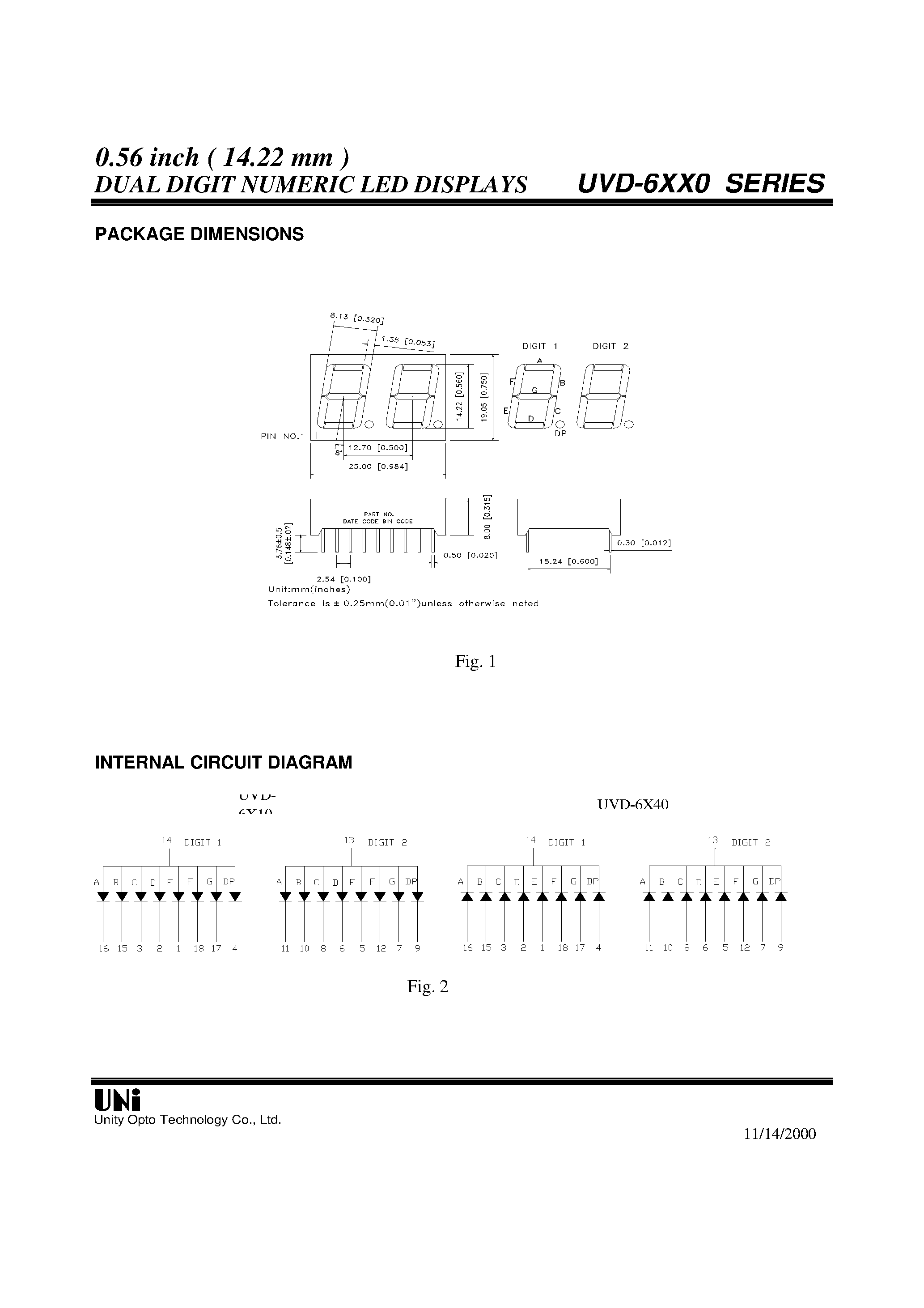 Datasheet UVD-6X10 - 0.56 inch ( 14.22 mm ) DUAL DIGIT NUMERIC LED DISPLAYS page 2