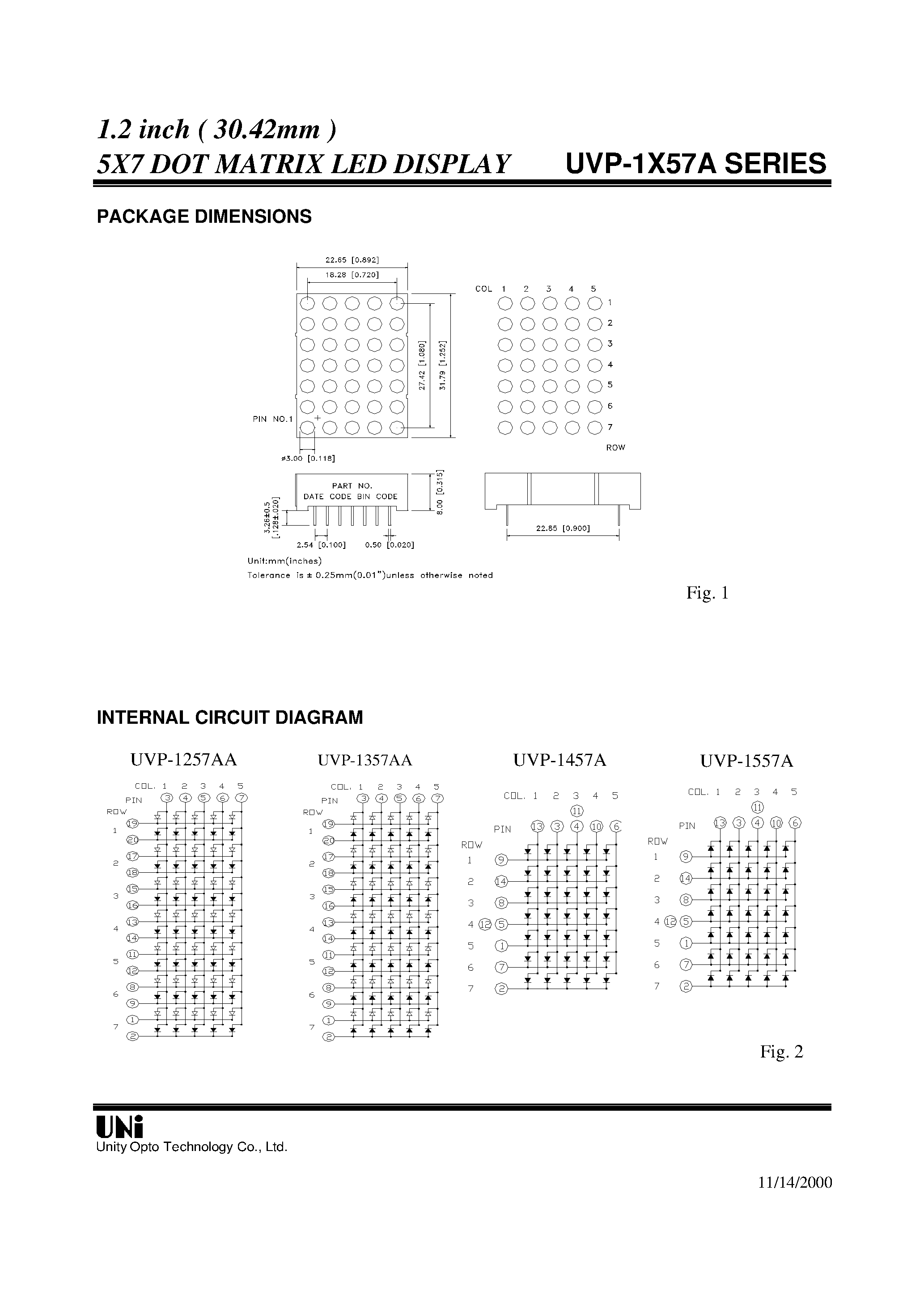 Даташит UVP-1257AA - 1.2 inch ( 30.42mm ) 5X7 DOT MATRIX LED DISPLAY страница 2