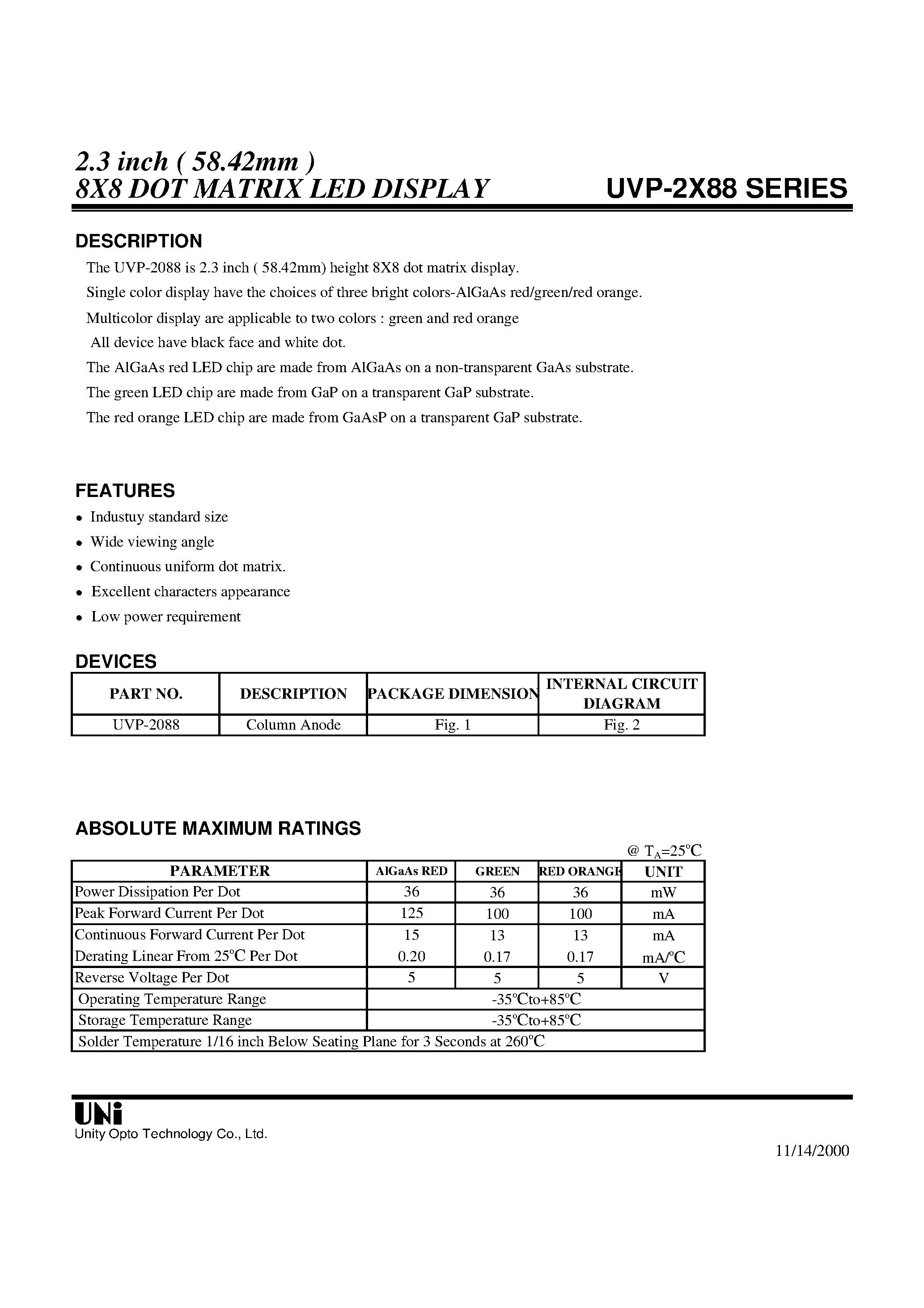 Datasheet UVP-2088 - 2.3 inch ( 58.42mm ) 8X8 DOT MATRIX LED DISPLAY page 1