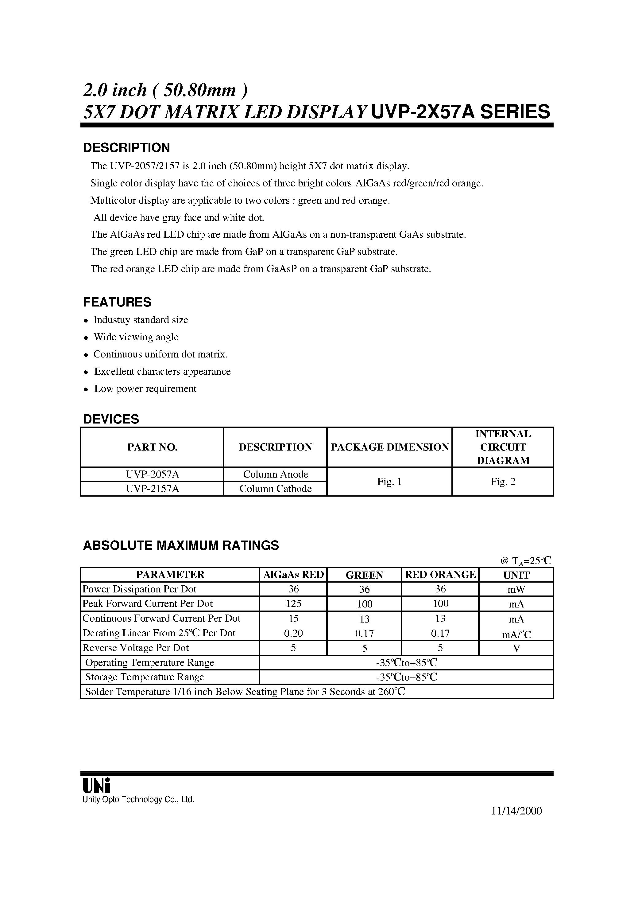 Даташит UVP-2157A - 2.0 inch ( 50.80mm ) 5X7 DOT MATRIX LED DISPLAY UVP-2X57A SERIES страница 1