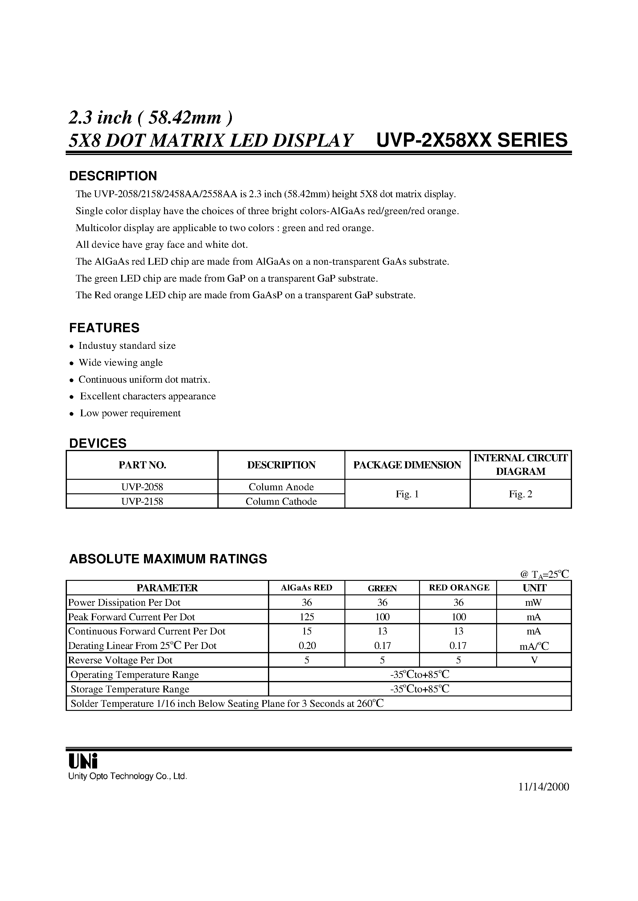 Datasheet UVP-2X58XX - 2.3 inch ( 58.42mm ) 5X8 DOT MATRIX LED DISPLAY page 1