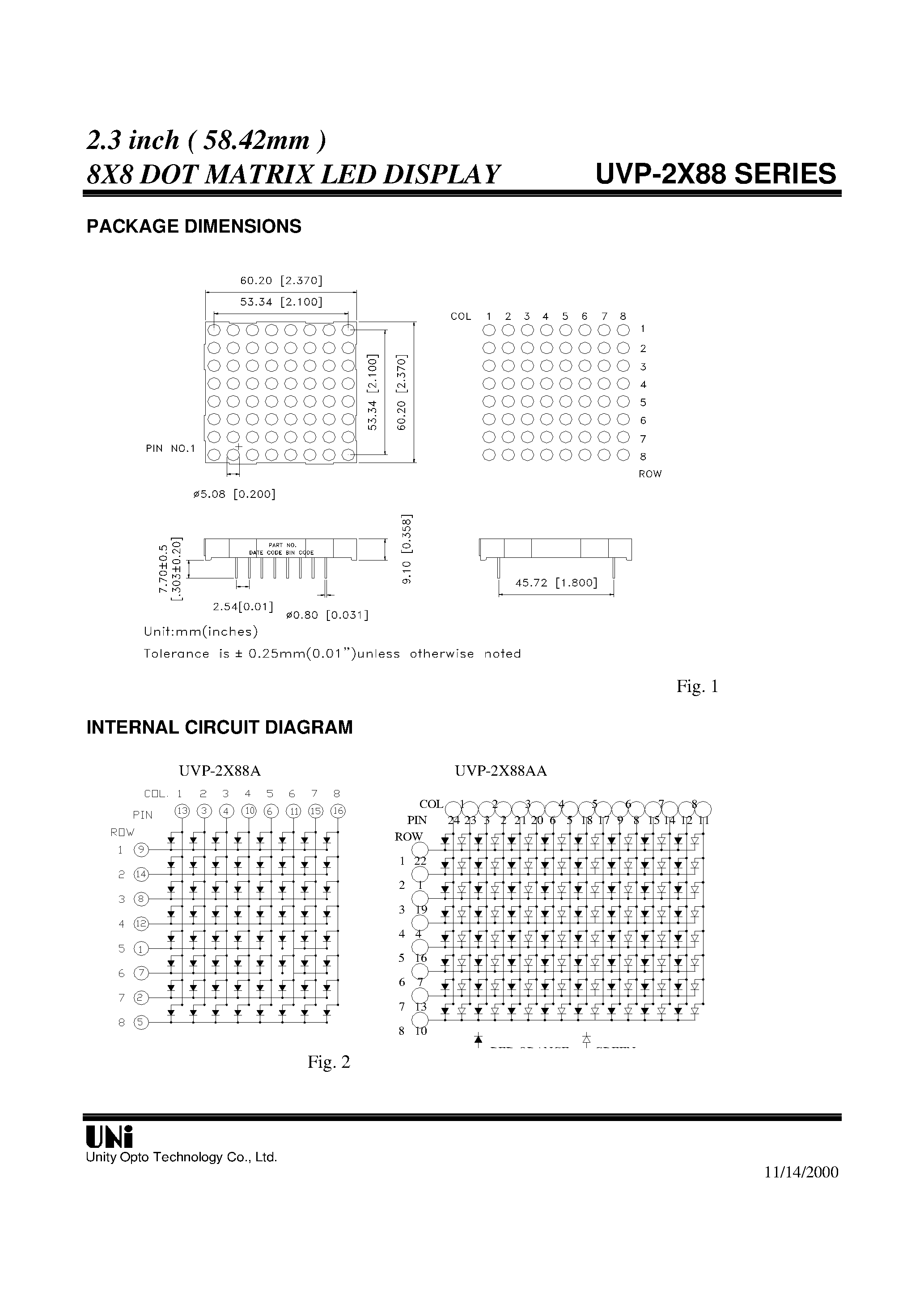 Datasheet UVP-2X88 - 2.3 inch ( 58.42mm ) 8X8 DOT MATRIX LED DISPLAY page 2