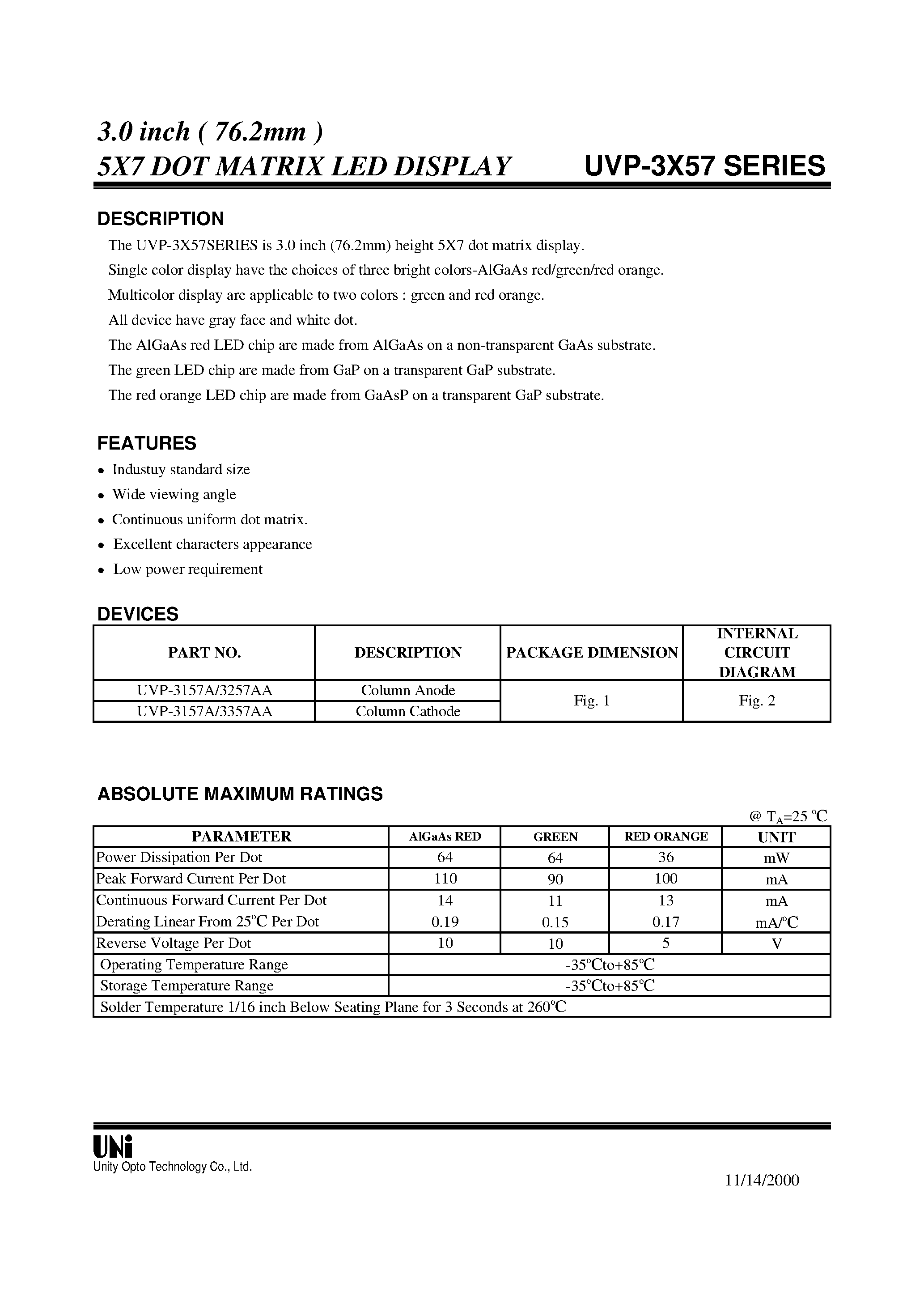 Datasheet UVP-3157A - 3.0 inch ( 76.2mm ) 5X7 DOT MATRIX LED DISPLAY page 1