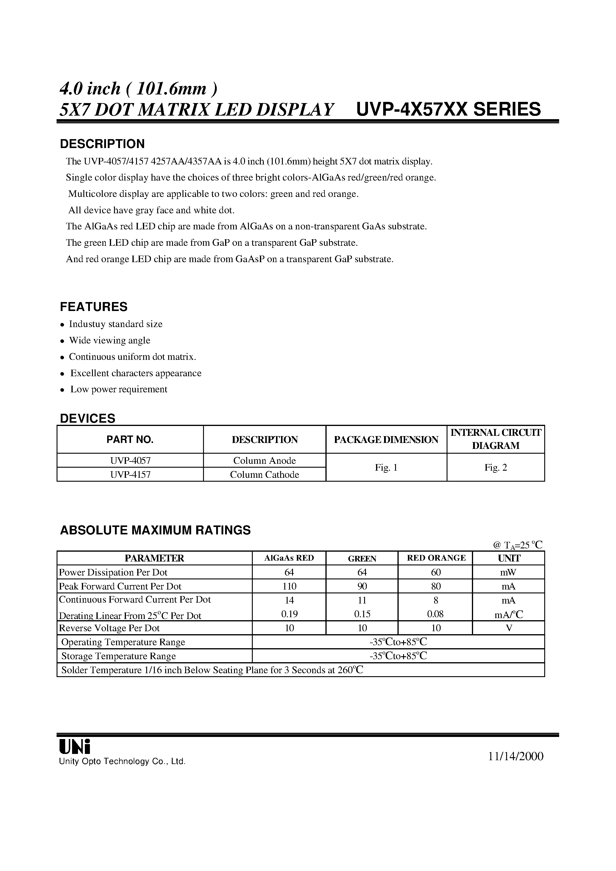 Datasheet UVP-4057 - 4.0 inch ( 101.6mm ) 5X7 DOT MATRIX LED DISPLAY page 1