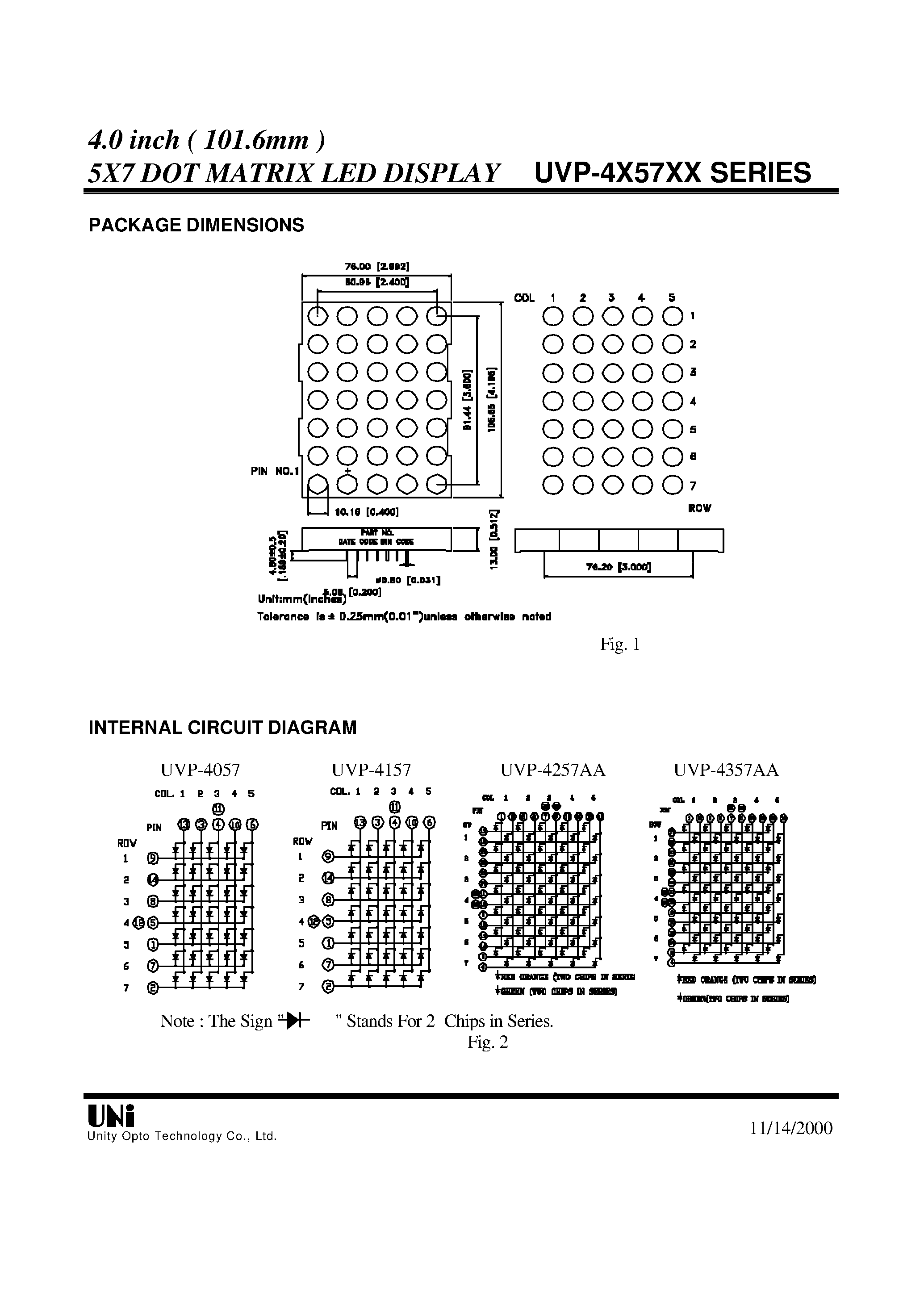 Datasheet UVP-4X57XX - 4.0 inch ( 101.6mm ) 5X7 DOT MATRIX LED DISPLAY page 2