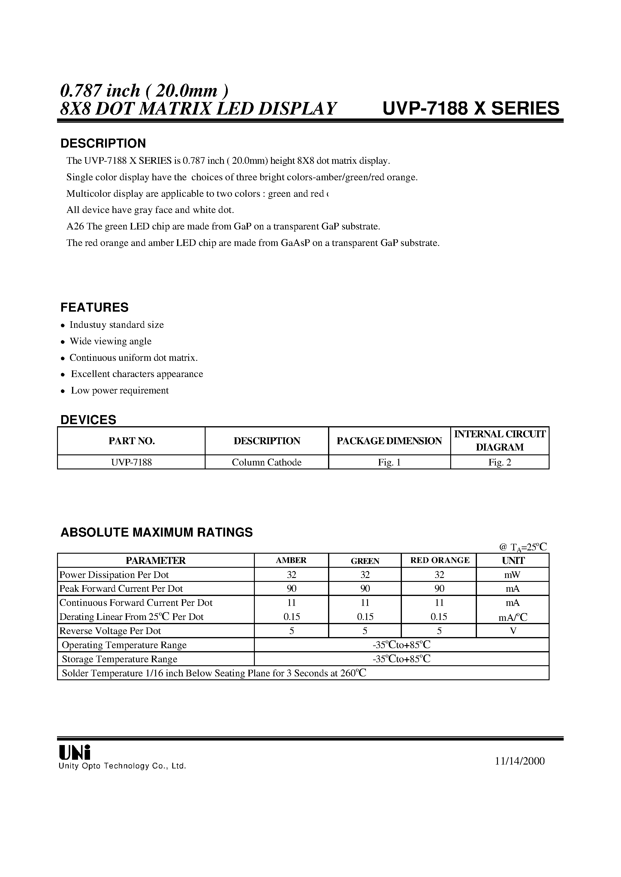 Datasheet UVP-7188 - 0.787 inch ( 20.0mm ) 8X8 DOT MATRIX LED DISPLAY page 1