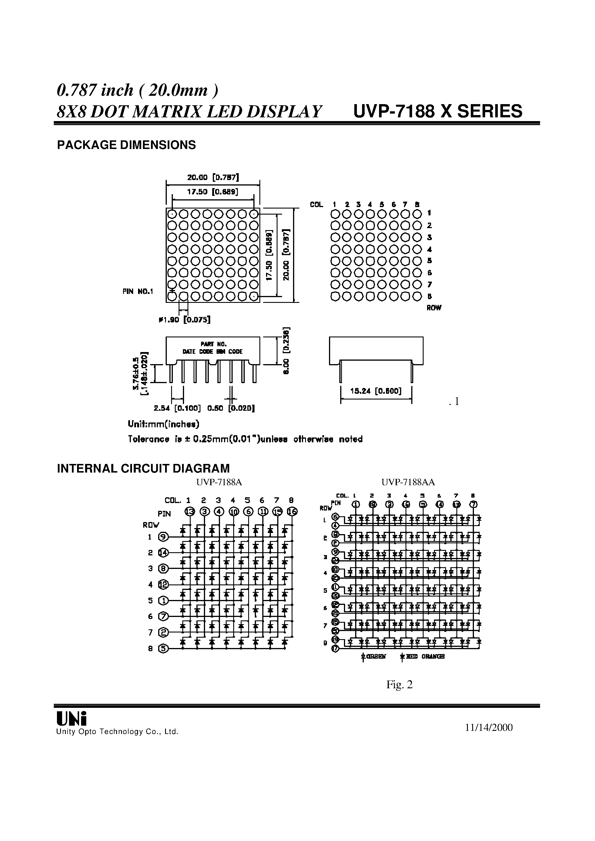 Datasheet UVP-7188 - 0.787 inch ( 20.0mm ) 8X8 DOT MATRIX LED DISPLAY page 2