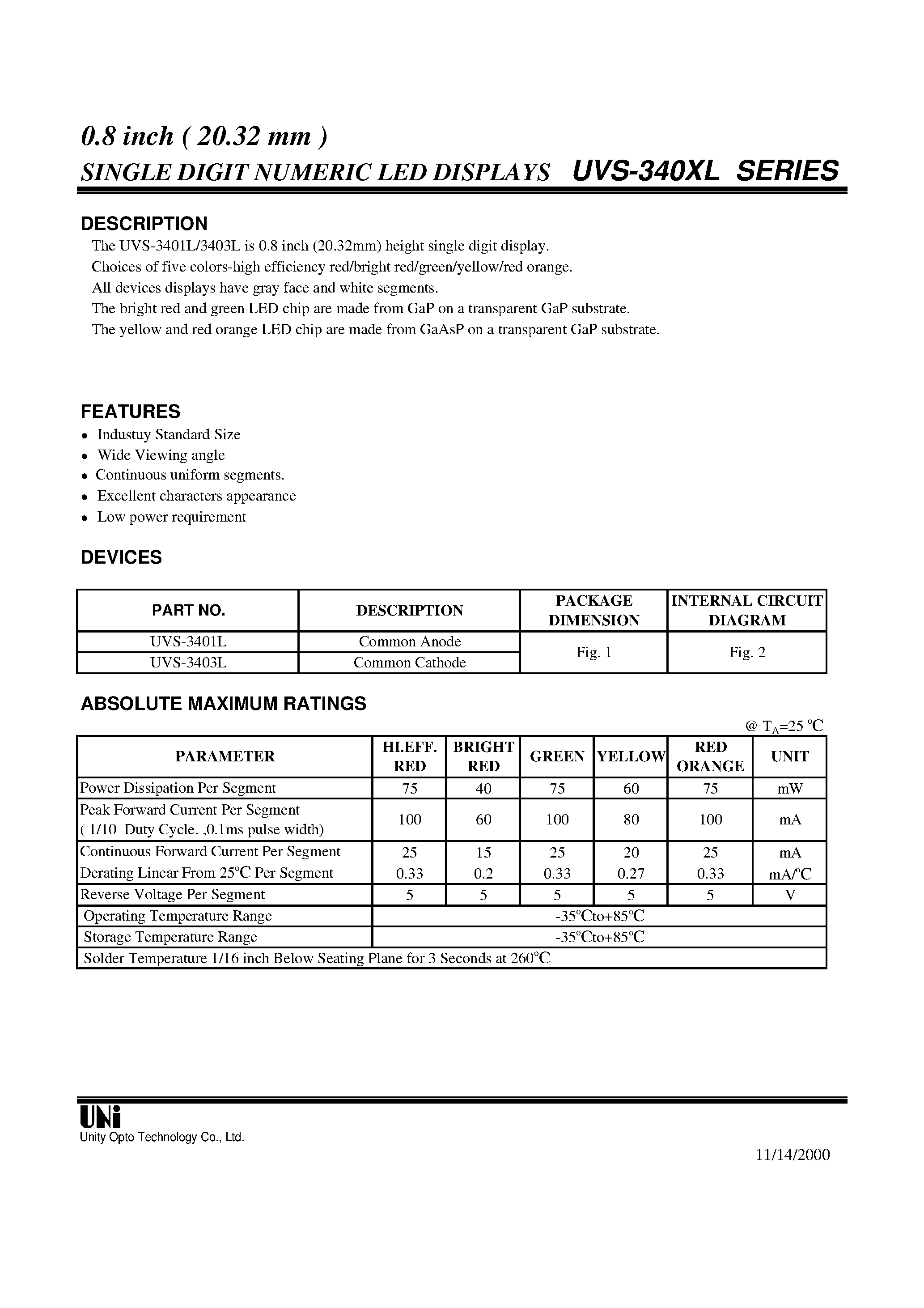 Datasheet UVS-3401 - 0.8 inch ( 20.32 mm ) SINGLE DIGIT NUMERIC LED DISPLAYS page 1