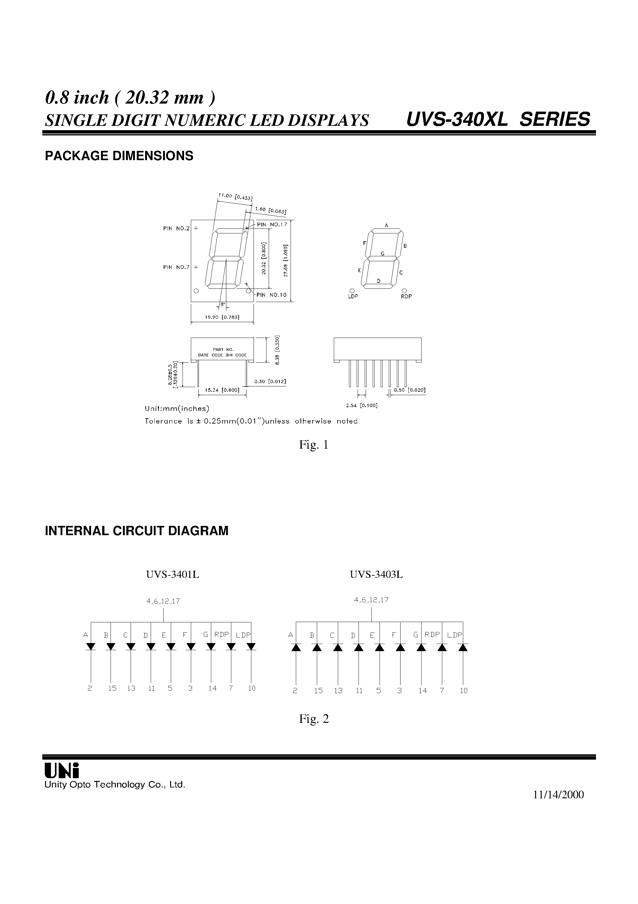 Datasheet UVS-3401 - 0.8 inch ( 20.32 mm ) SINGLE DIGIT NUMERIC LED DISPLAYS page 2