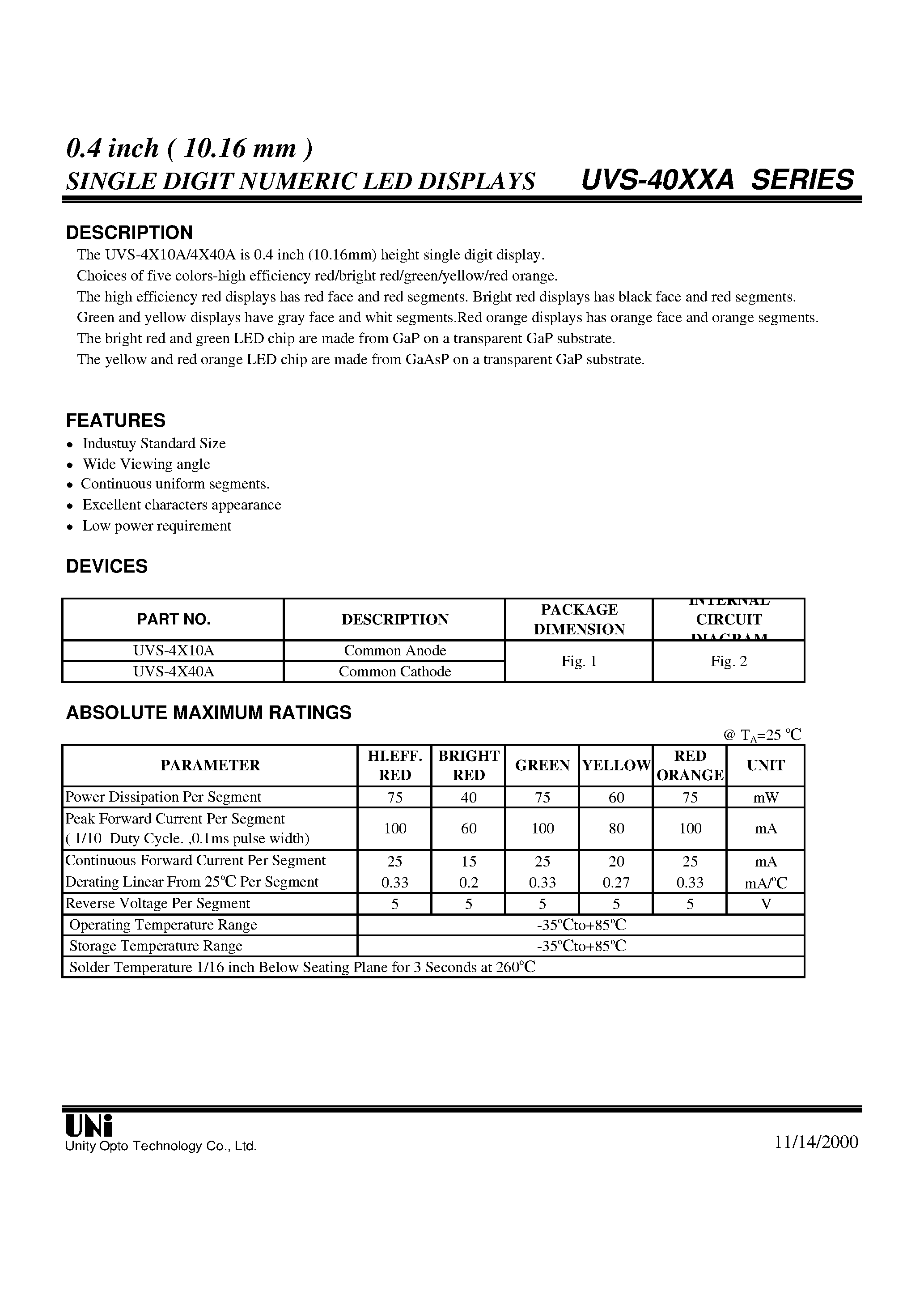 Datasheet UVS-40XXA - 0.4 inch ( 10.16 mm ) SINGLE DIGIT NUMERIC LED DISPLAYS page 1