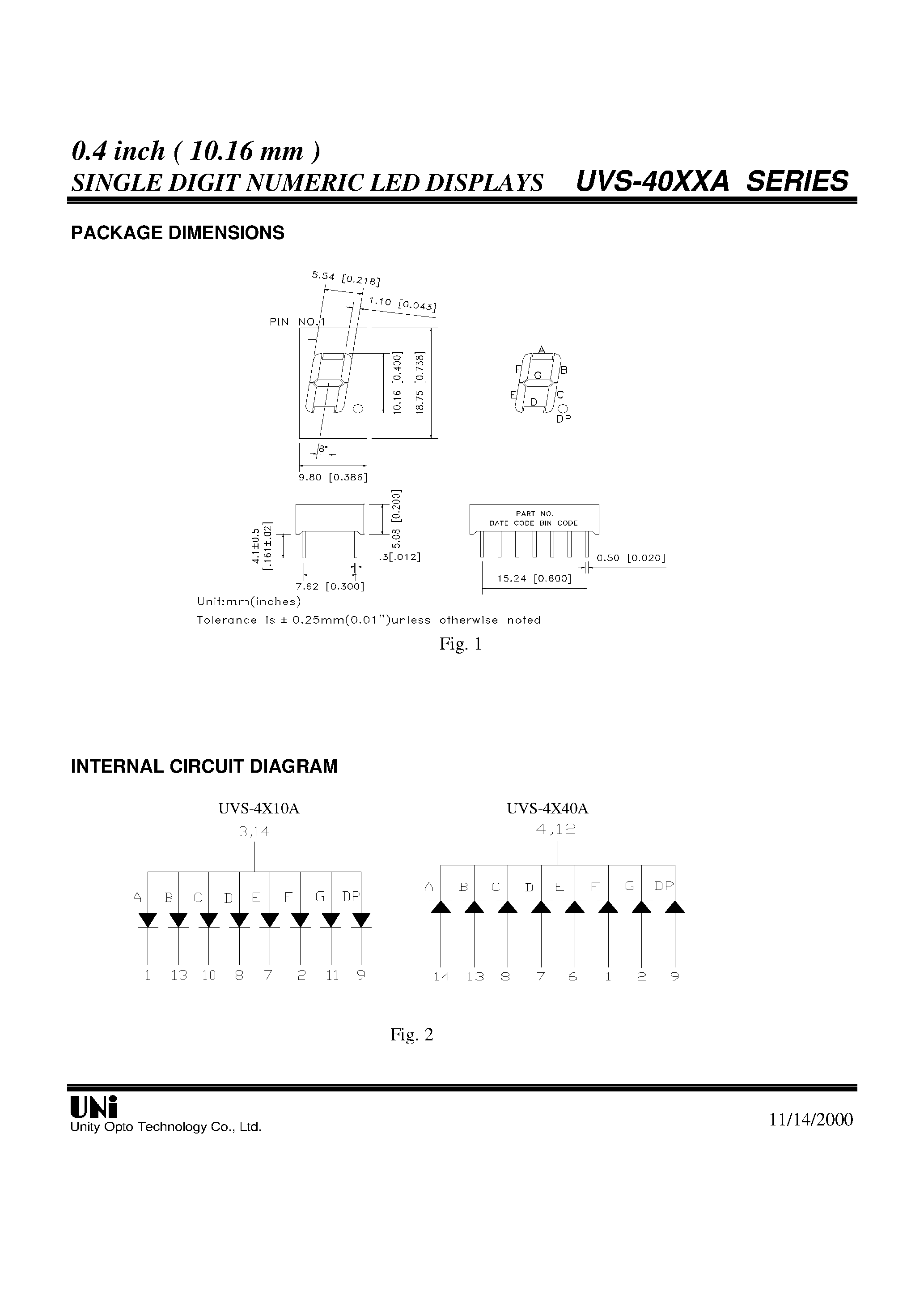 Datasheet UVS-40XXA - 0.4 inch ( 10.16 mm ) SINGLE DIGIT NUMERIC LED DISPLAYS page 2