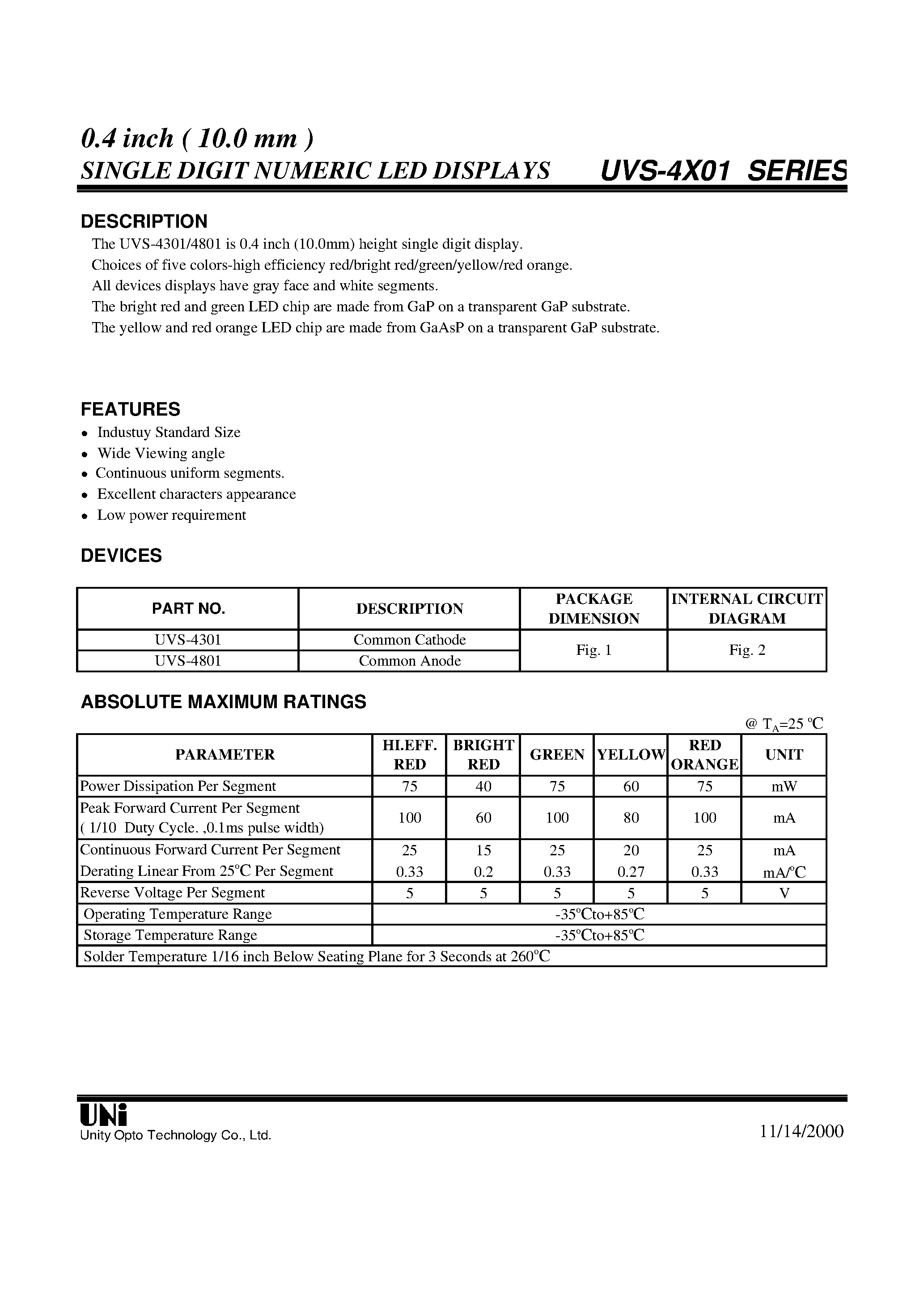 Datasheet UVS-4301 - 0.4 inch ( 10.0 mm ) SINGLE DIGIT NUMERIC LED DISPLAYS page 1