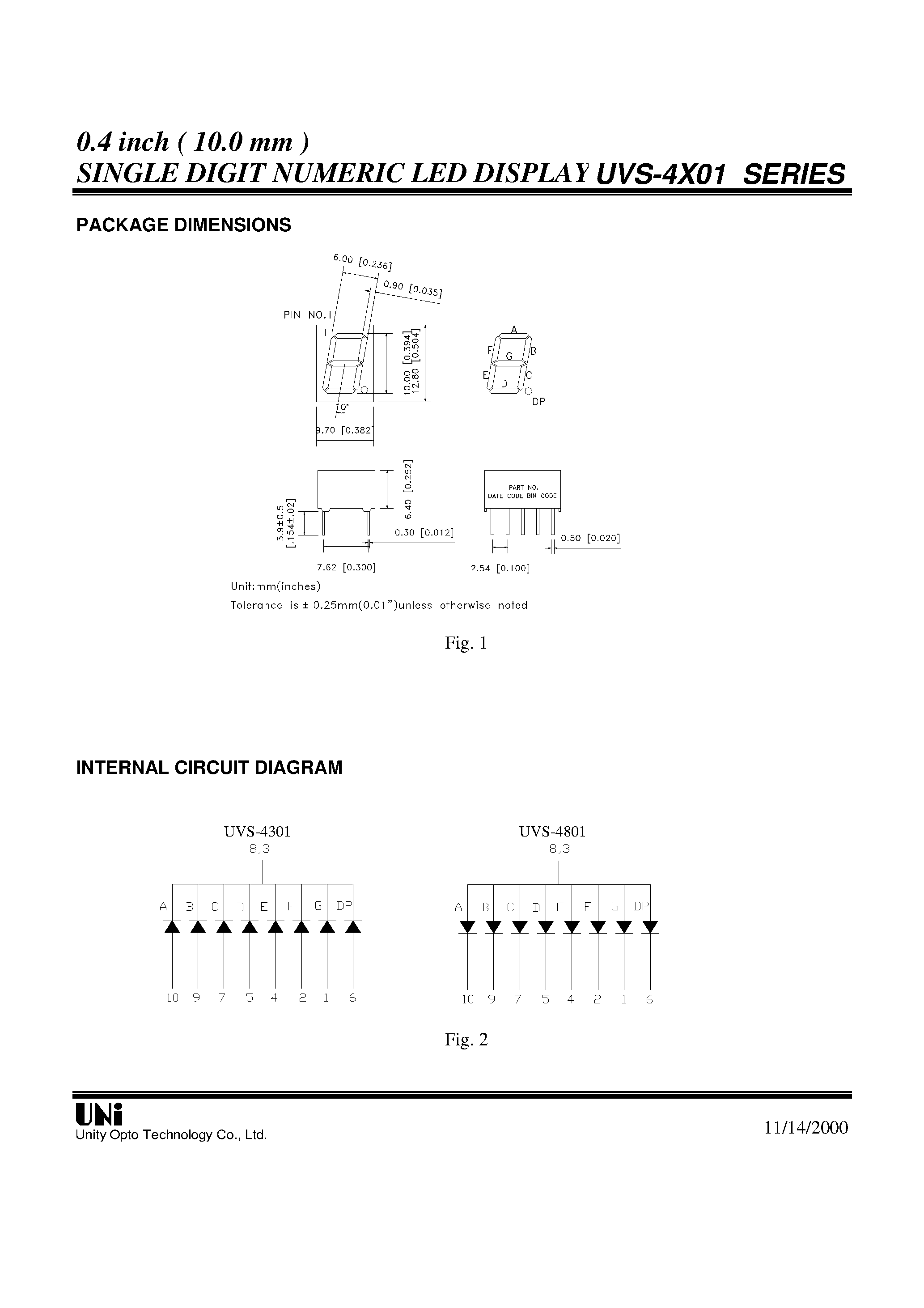 Datasheet UVS-4X01 - 0.4 inch ( 10.0 mm ) SINGLE DIGIT NUMERIC LED DISPLAYS page 2