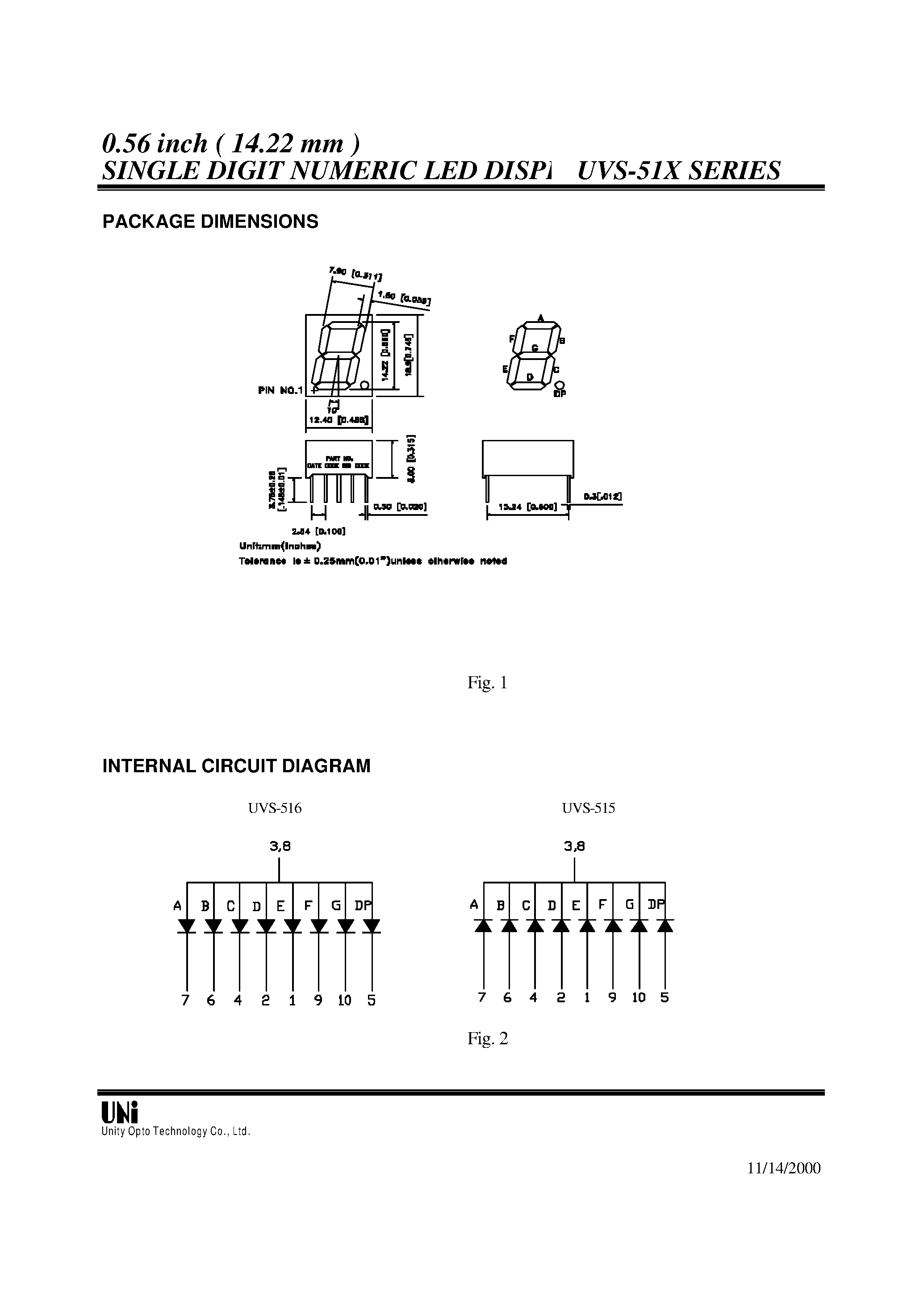 Datasheet UVS-515 - 0.56 inch ( 14.22 mm ) SINGLE DIGIT NUMERIC LED DISPLAYS page 2