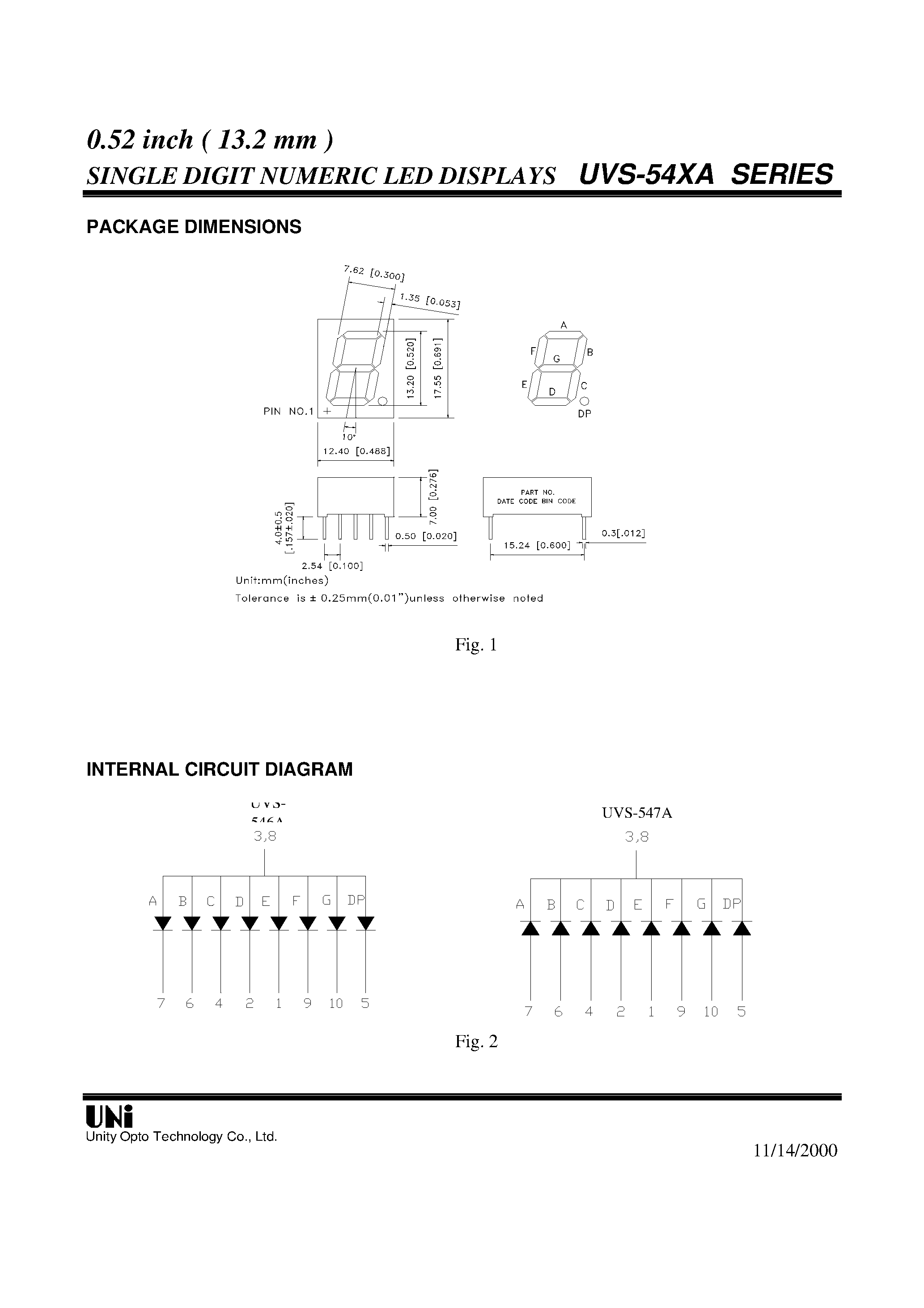Даташит UVS-547A - 0.52 inch ( 13.2 mm ) SINGLE DIGIT NUMERIC LED DISPLAYS страница 2