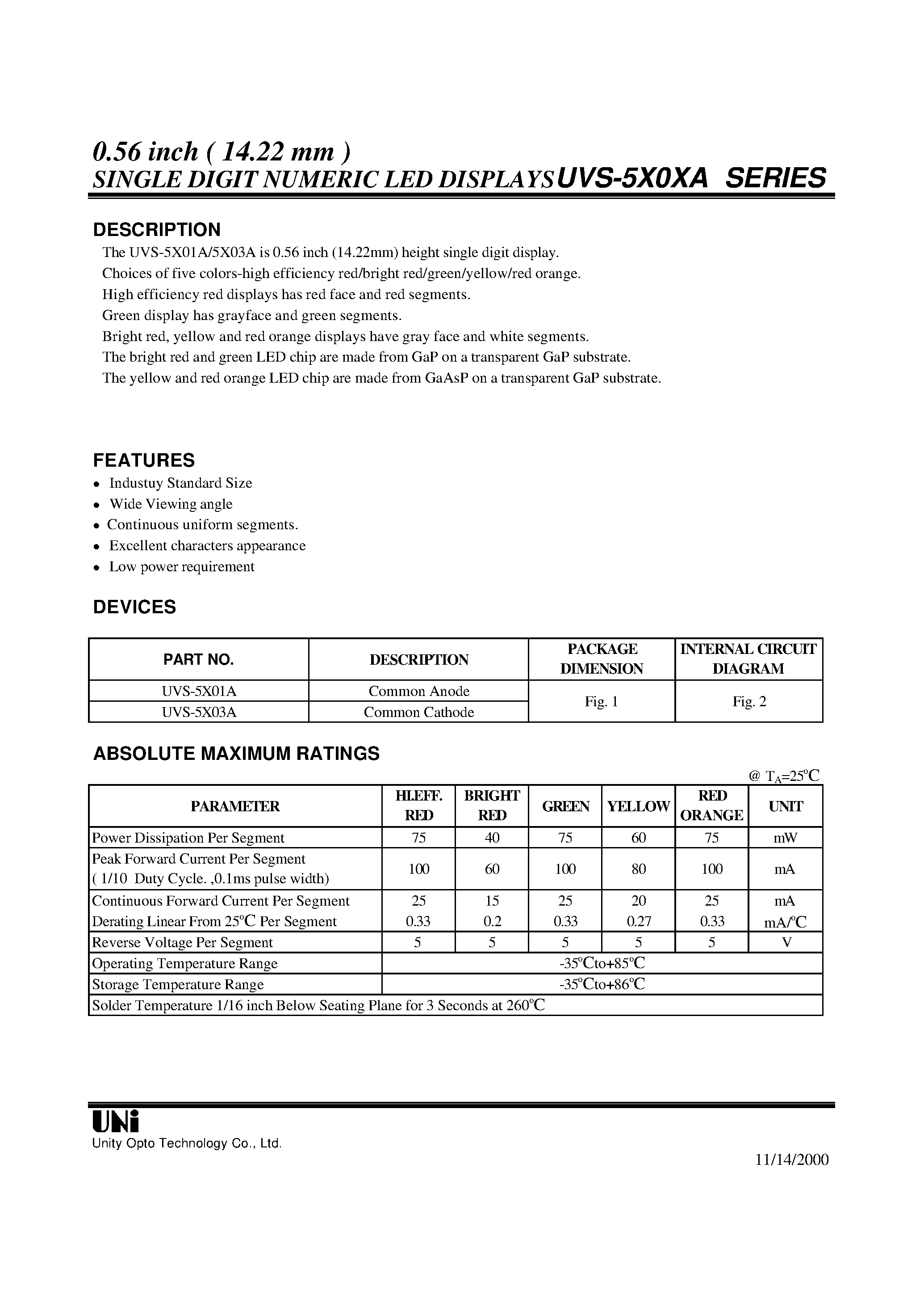 Datasheet UVS-5X01A - 0.56 inch ( 14.22 mm ) SINGLE DIGIT NUMERIC LED DISPLAYS page 1