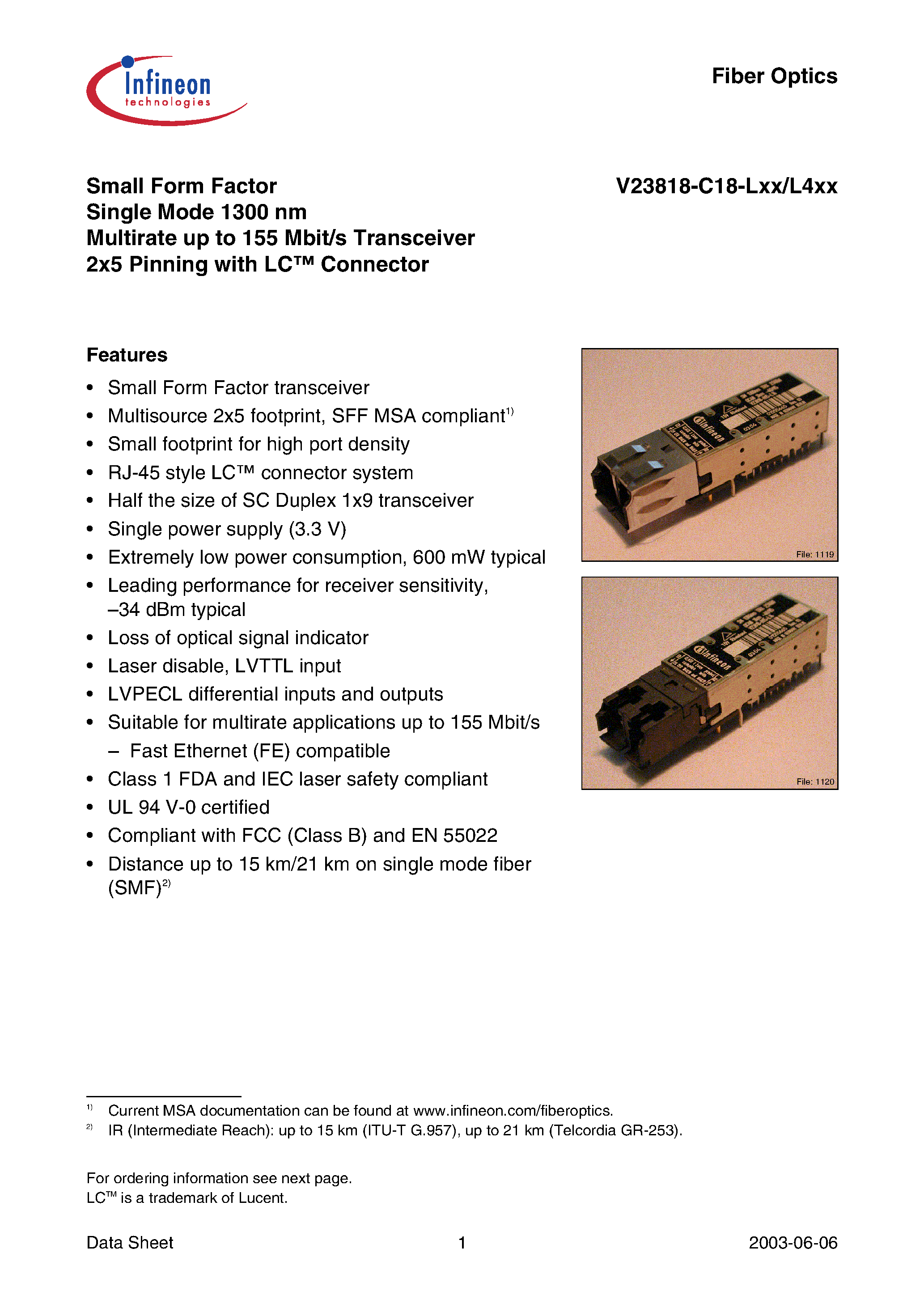 Даташит V23818-C18-L35 - Small Form Factor Single Mode 1300 nm Multirate up to 155 Mbit/s Transceiver 2x5 Pinning with LC Connector страница 1