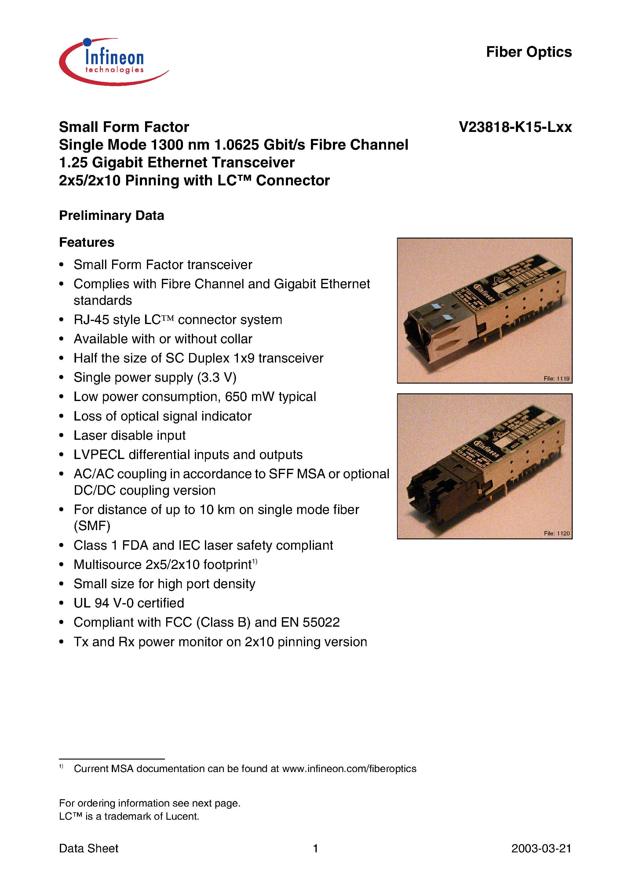 Даташит V23818-K15-L17 - Small Form Factor Single Mode 1300 nm 1.0625 Gbit/s Fibre Channel 1.25 Gigabit Ethernet Transceiver 2x5/2x10 Pinning with LC Connector страница 1