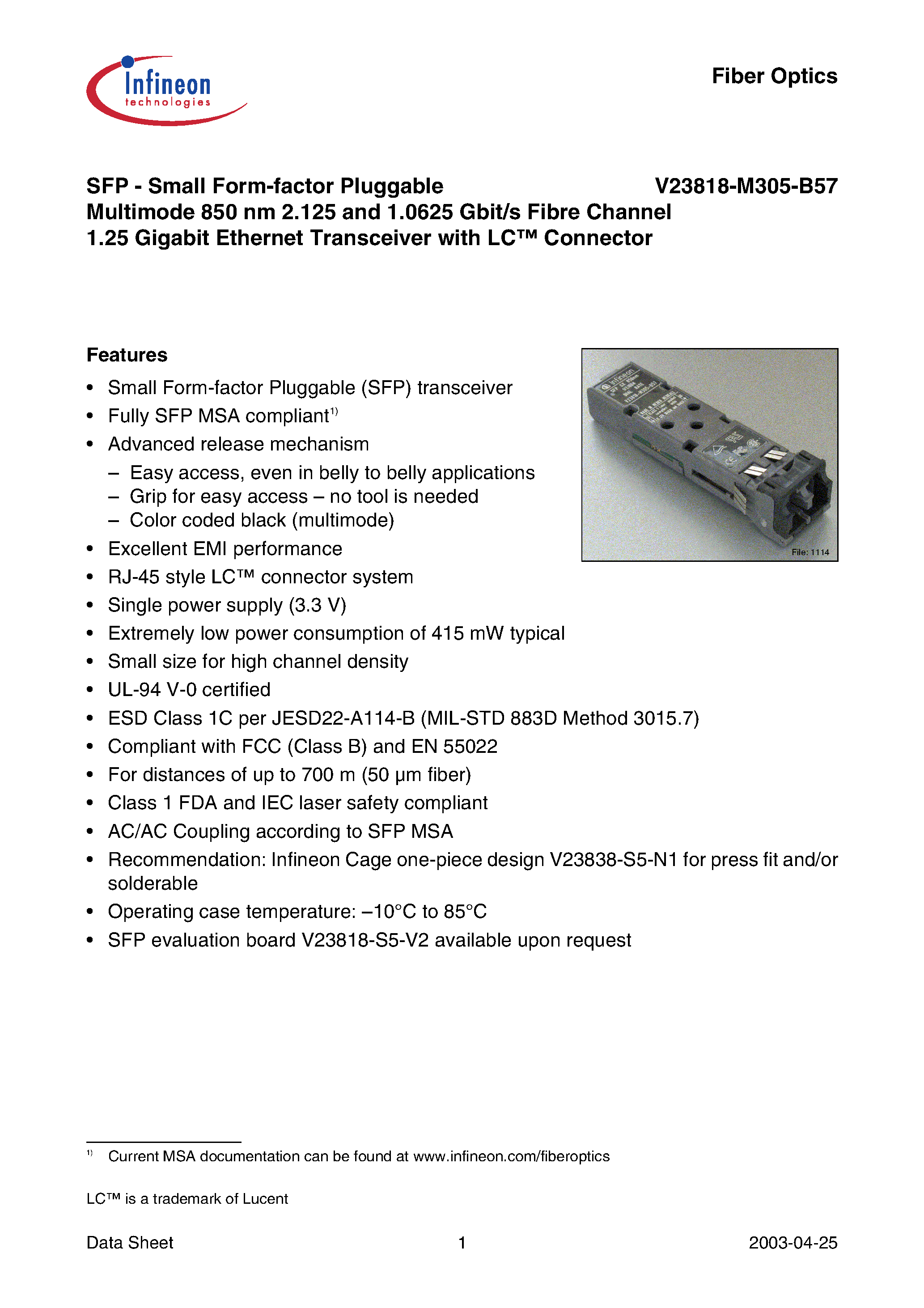 Даташит V23818-M305-B57 - SFP - Small Form-factor Pluggable Multimode 850 nm 2.125 and 1.0625 Gbit/s Fibre Channel 1.25 Gigabit Ethernet Transceiver with LC Connector страница 1