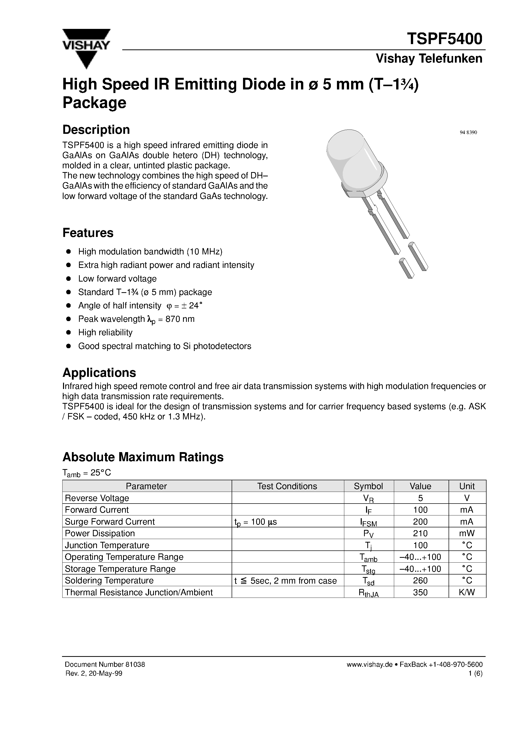 Datasheet TSPF5400 - High Speed IR Emitting Diode in 5 mm (T-13/4) Package page 1