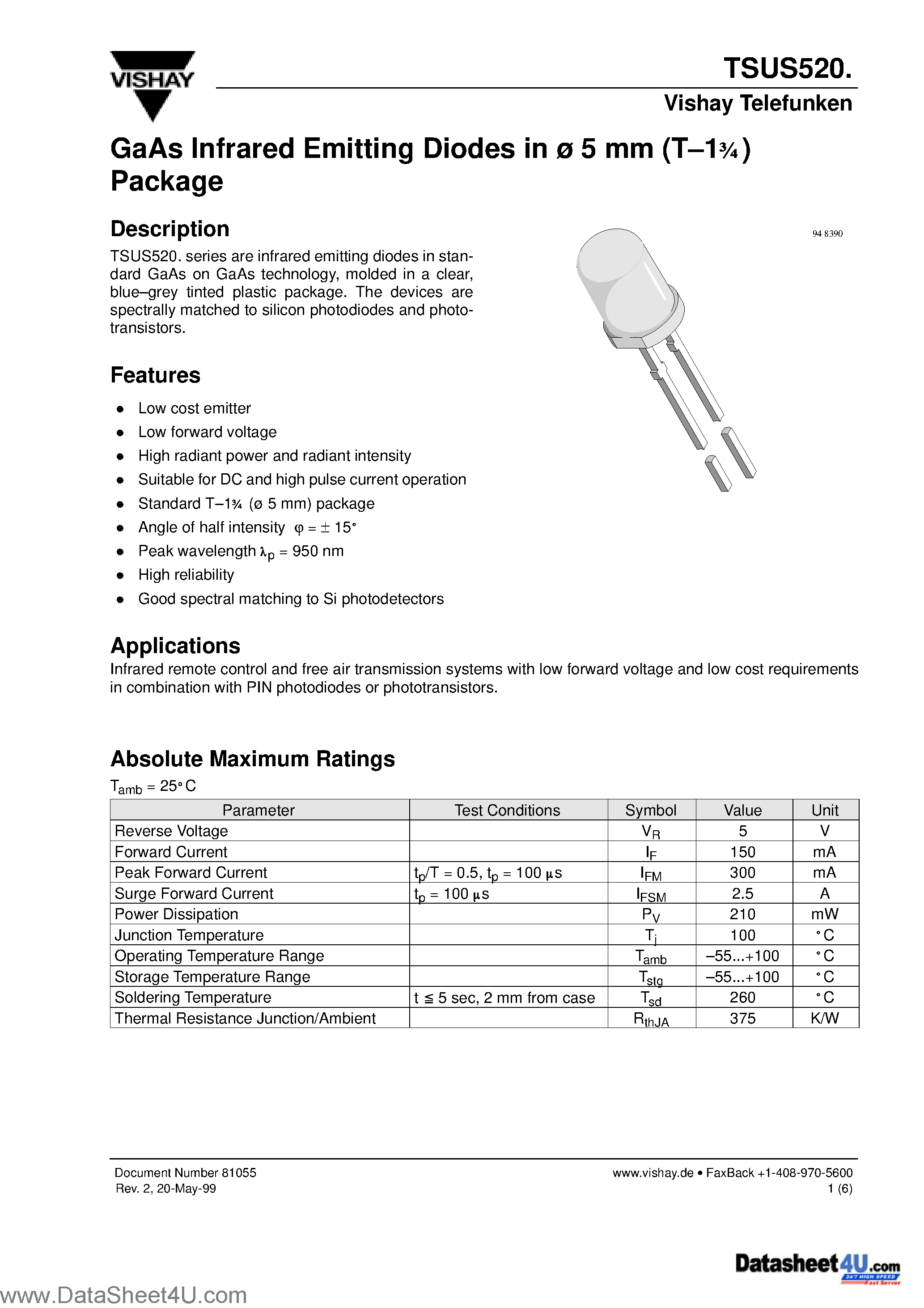 Datasheet TSUS520 - GaAs Infrared Emitting Diodes in 5 mm (T-13/4)Package page 1