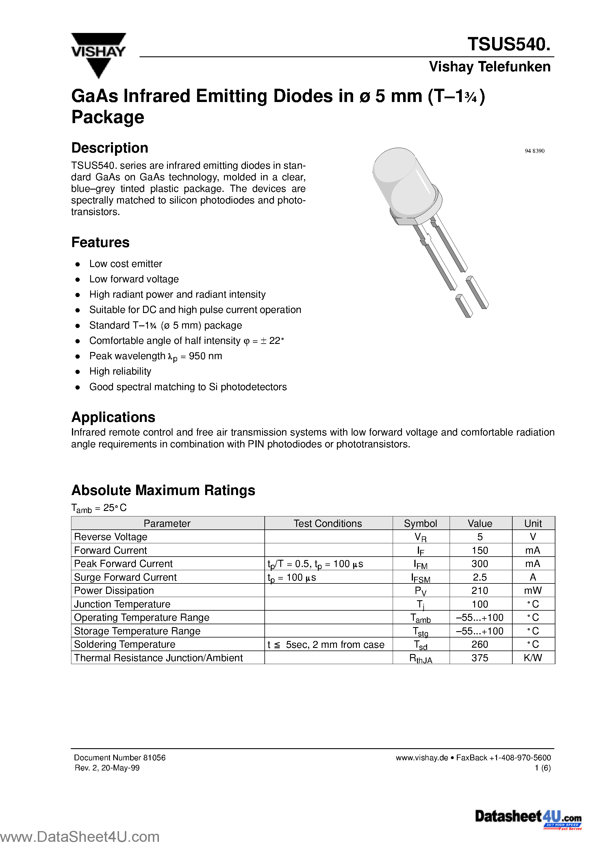 Datasheet TSUS540 - GaAs Infrared Emitting Diodes in 5 mm (T-13/4)Package page 1