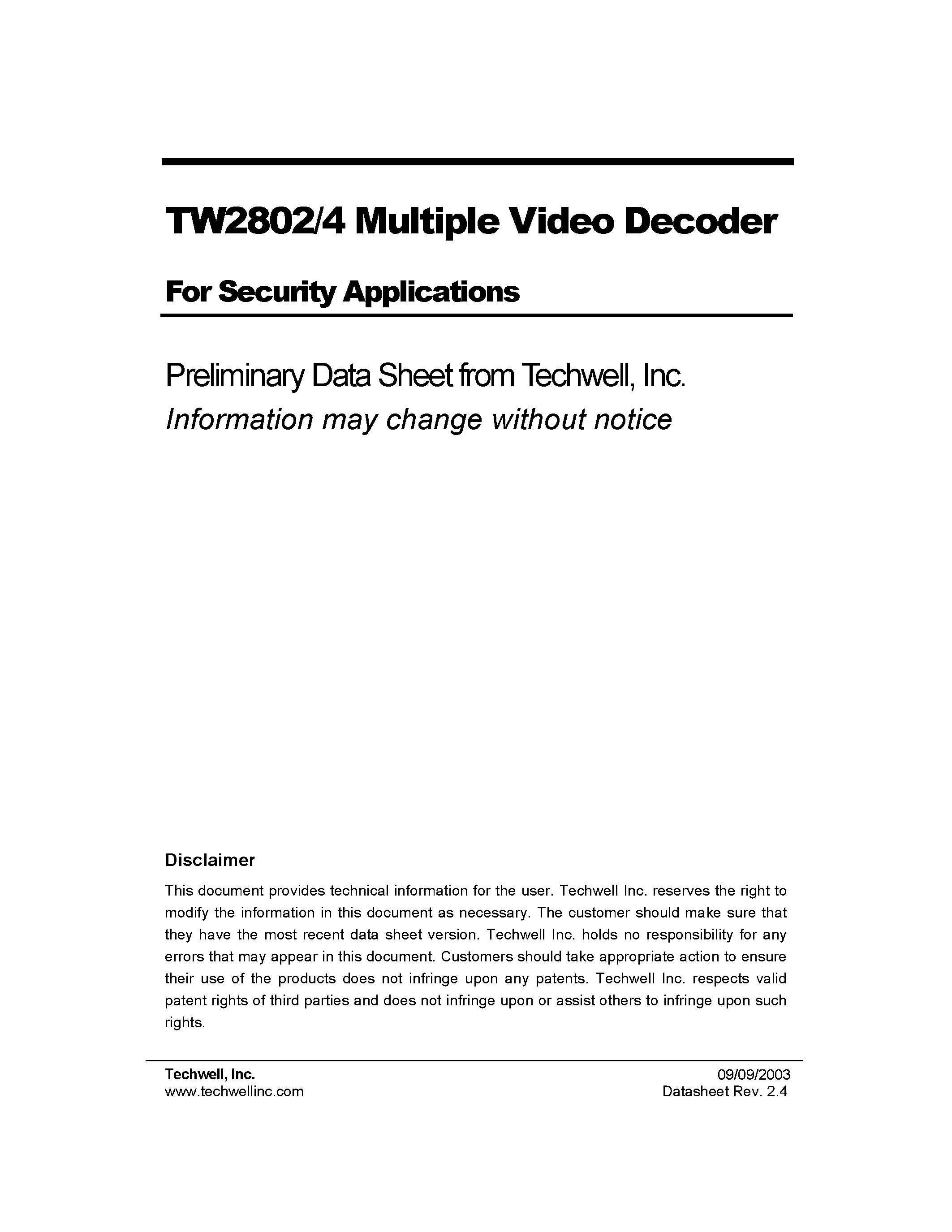 Datasheet TW2802 - TW2802/4 Multiple Video Decoder For Security Applications page 1