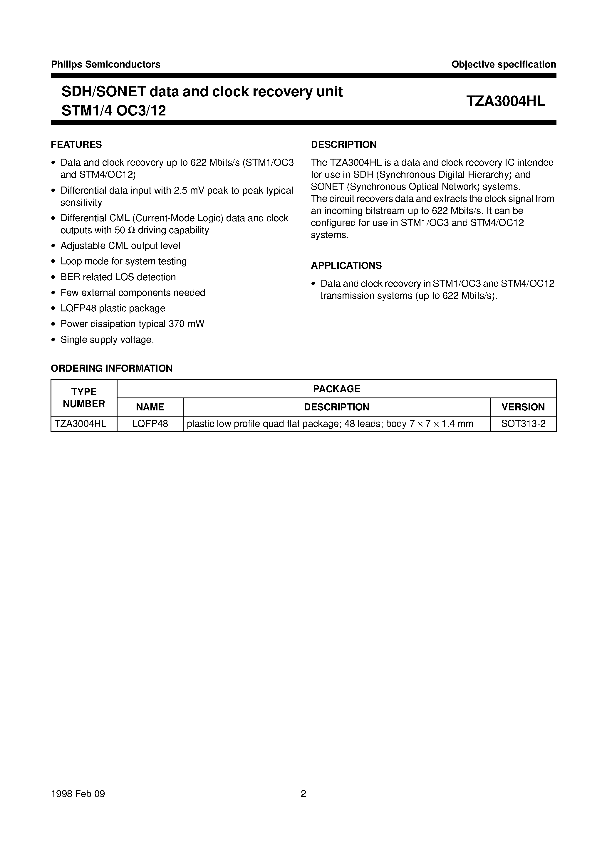 Datasheet TZA3004HL - SDH/SONET data and clock recovery unit STM1/4 OC3/12 page 2