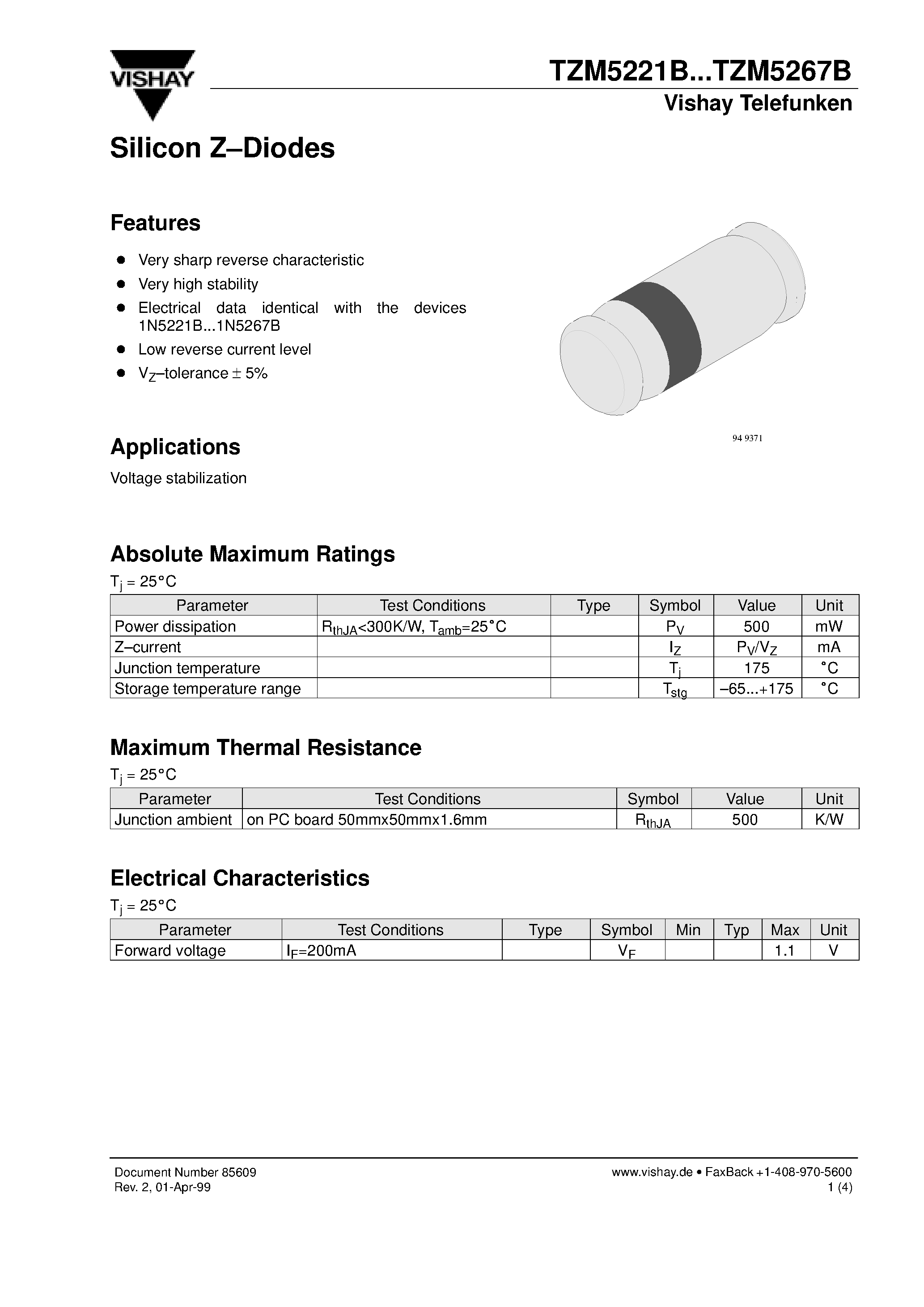 Даташит TZM5221B - Silicon Z-Diodes страница 1